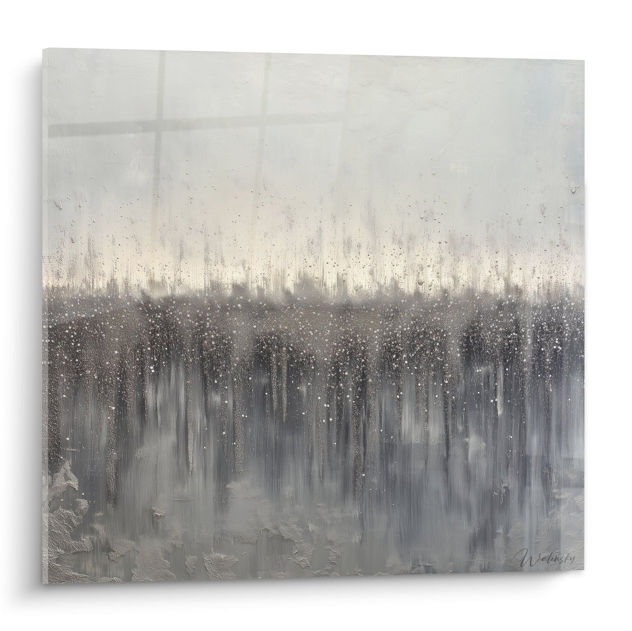Tableau abstrait cascade gris blanc avec effet pluie doree feng shui ouest metal decoration murale