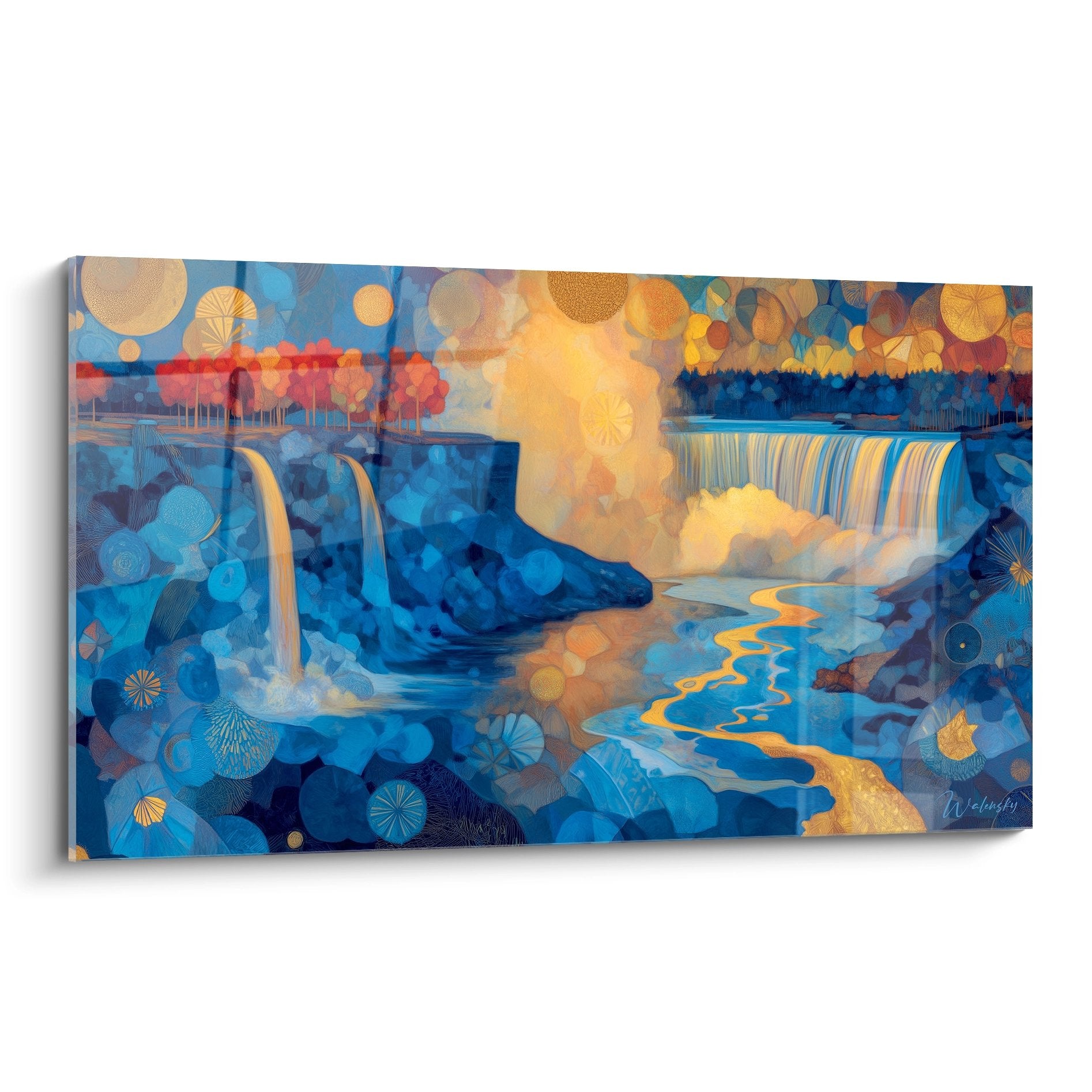 Tableau mural cascade abstraite moderne aux tons bleus et dorés, art décoratif contemporain
