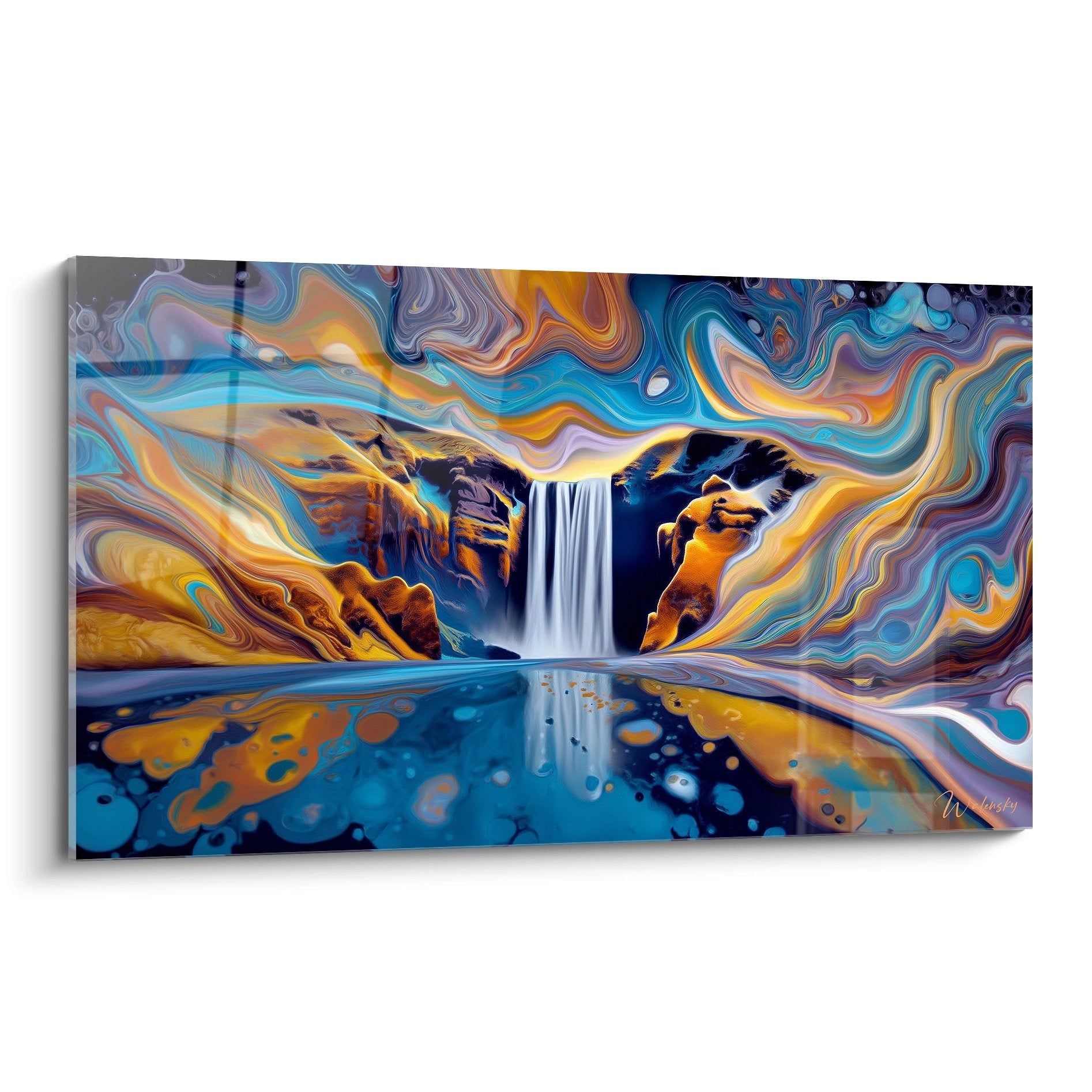 Tableau mural cascade abstraite aux couleurs fluides dorées et bleues pour décoration moderne