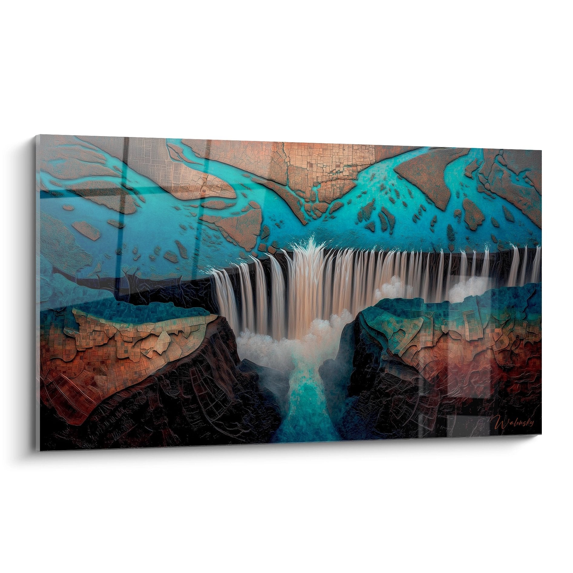 Tableau mural cascade abstraite turquoise et cuivre, art moderne pour décoration intérieure