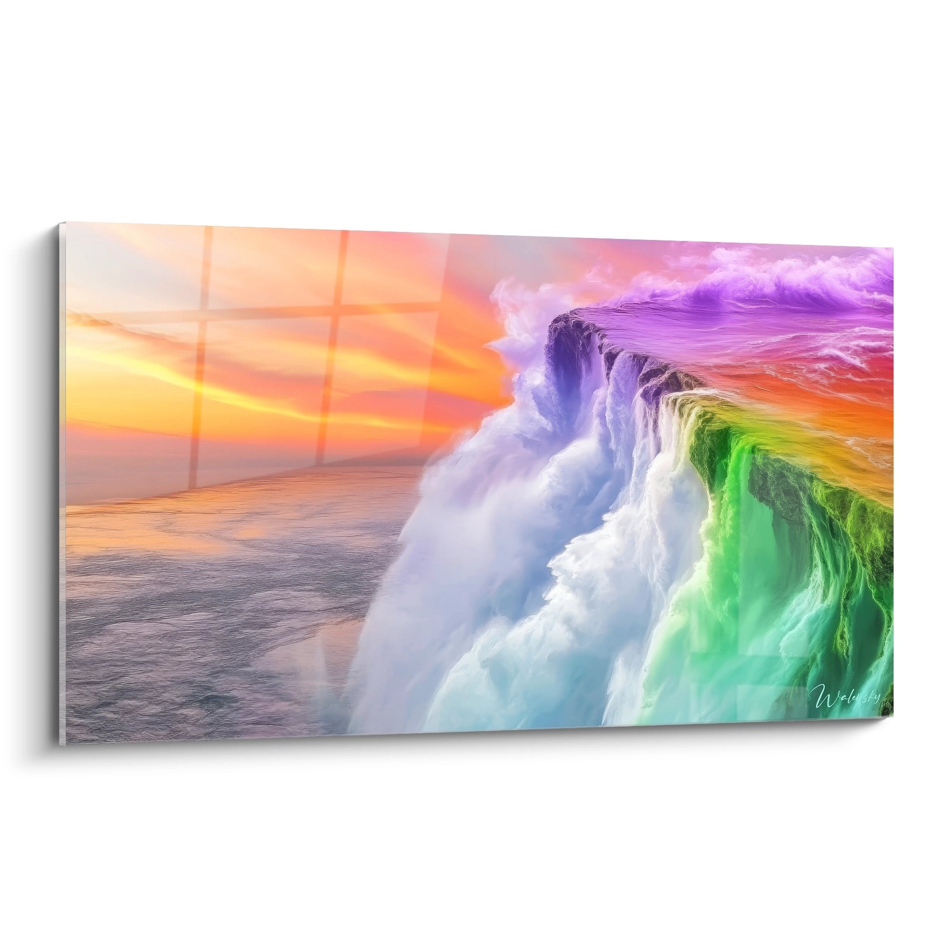 Tableau cascade arc-en-ciel abstrait aux couleurs vibrantes violettes vertes et dorées pour décoration murale