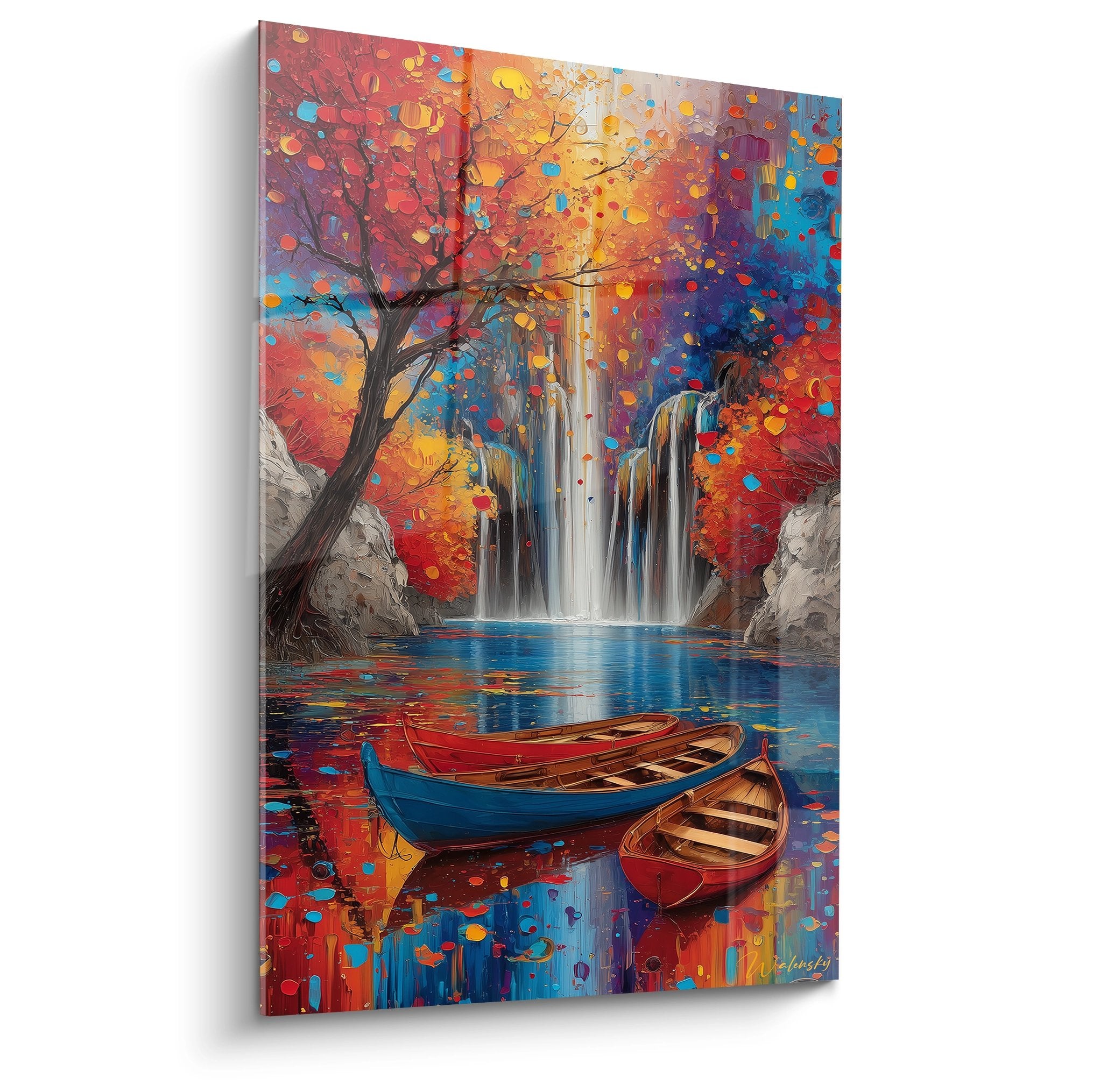 Tableau mural cascade automnale avec barques colorées et feuillage flamboyant pour décoration intérieure moderne
