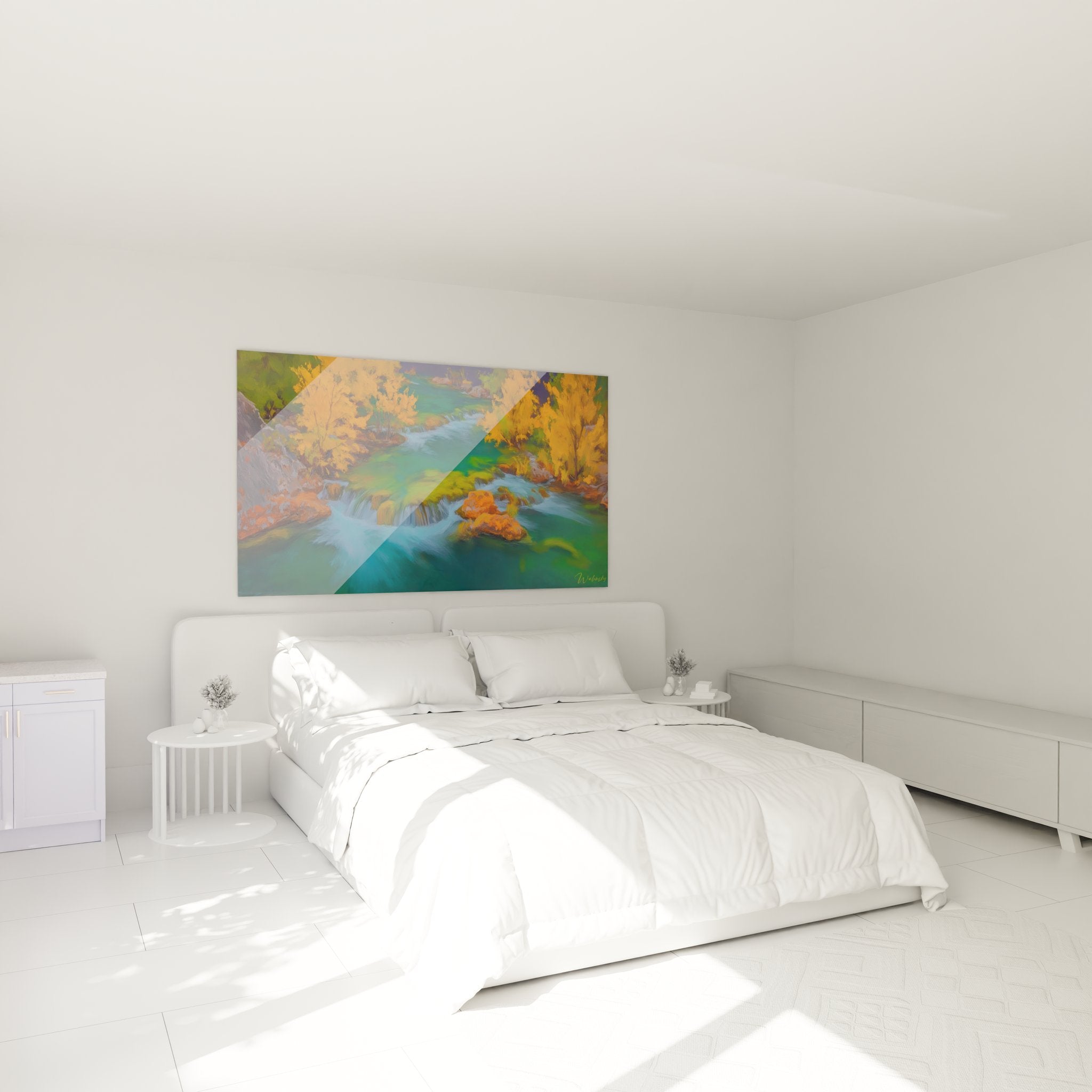 Tableau mural cascade automne installé dans chambre moderne avec décoration contemporaine