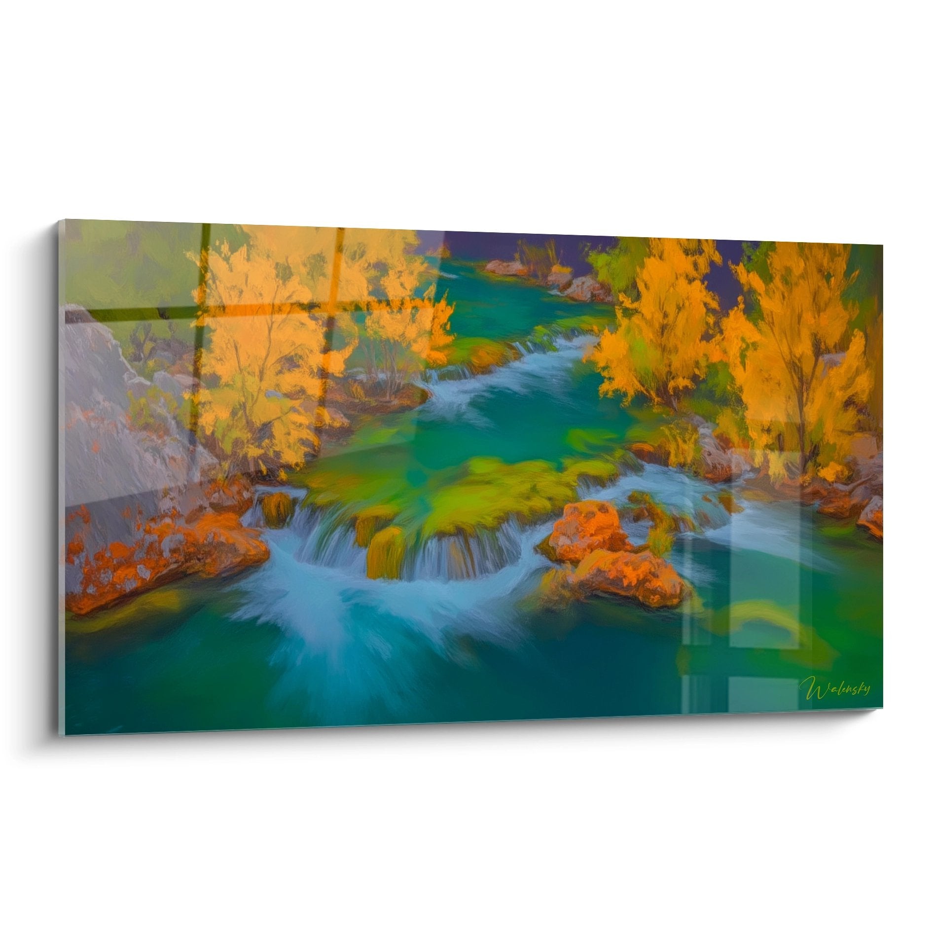 Tableau cascade automne aux couleurs vives avec arbres dorés et eau turquoise pour décoration murale