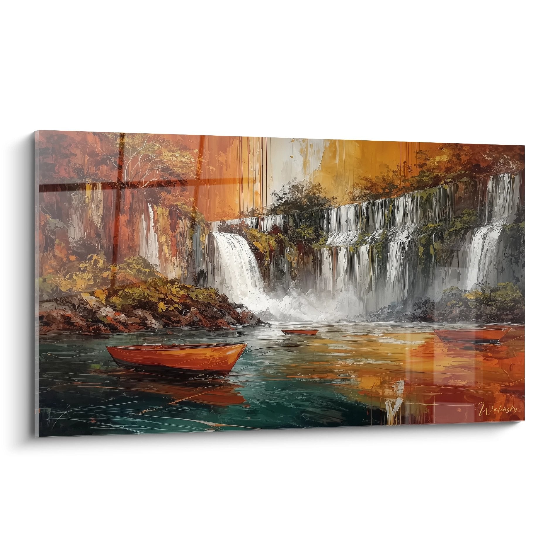 Tableau mural cascade avec barques colorées et tons automne pour décoration intérieure nature