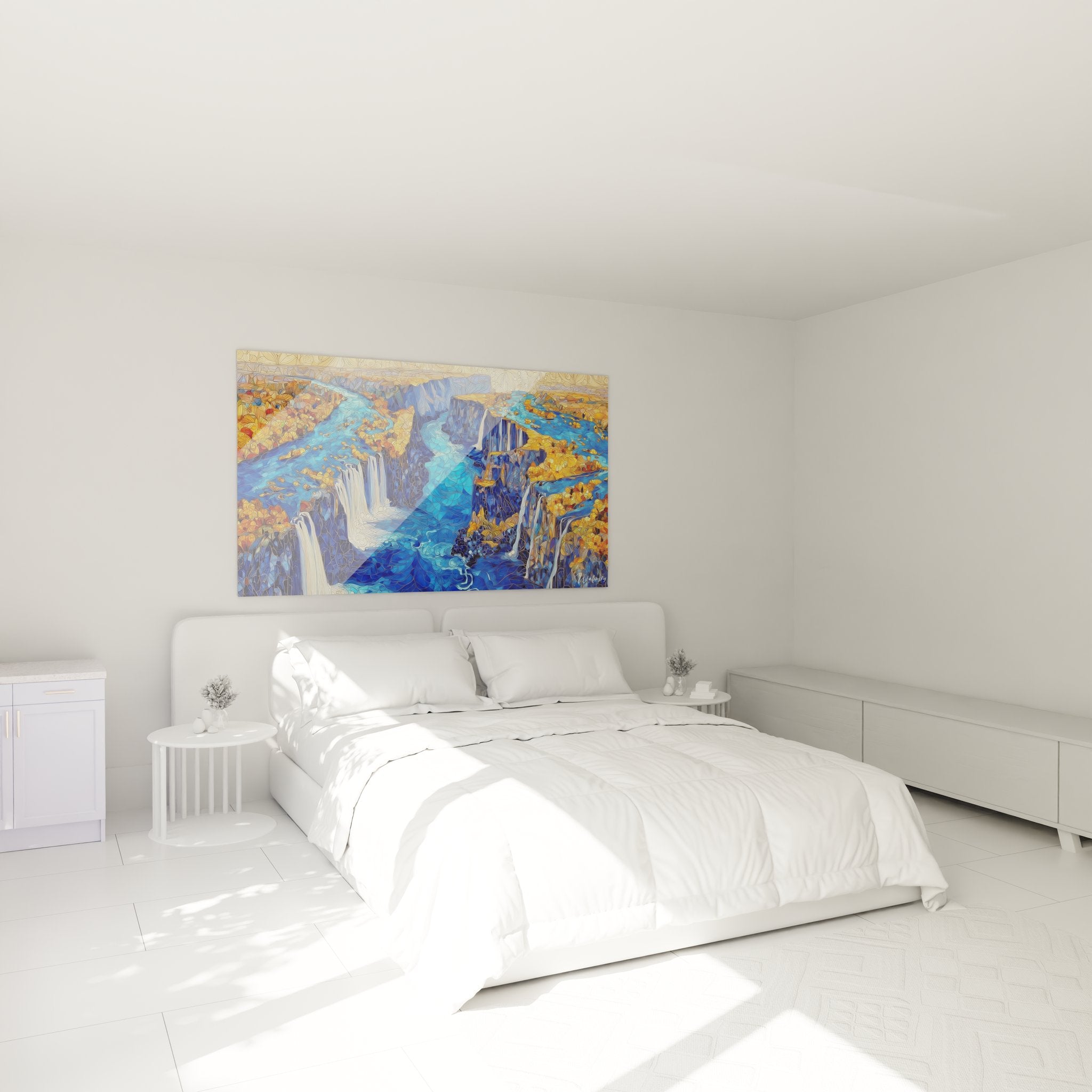 Tableau cascade canyon dans chambre moderne, décoration murale aquatique contemporaine