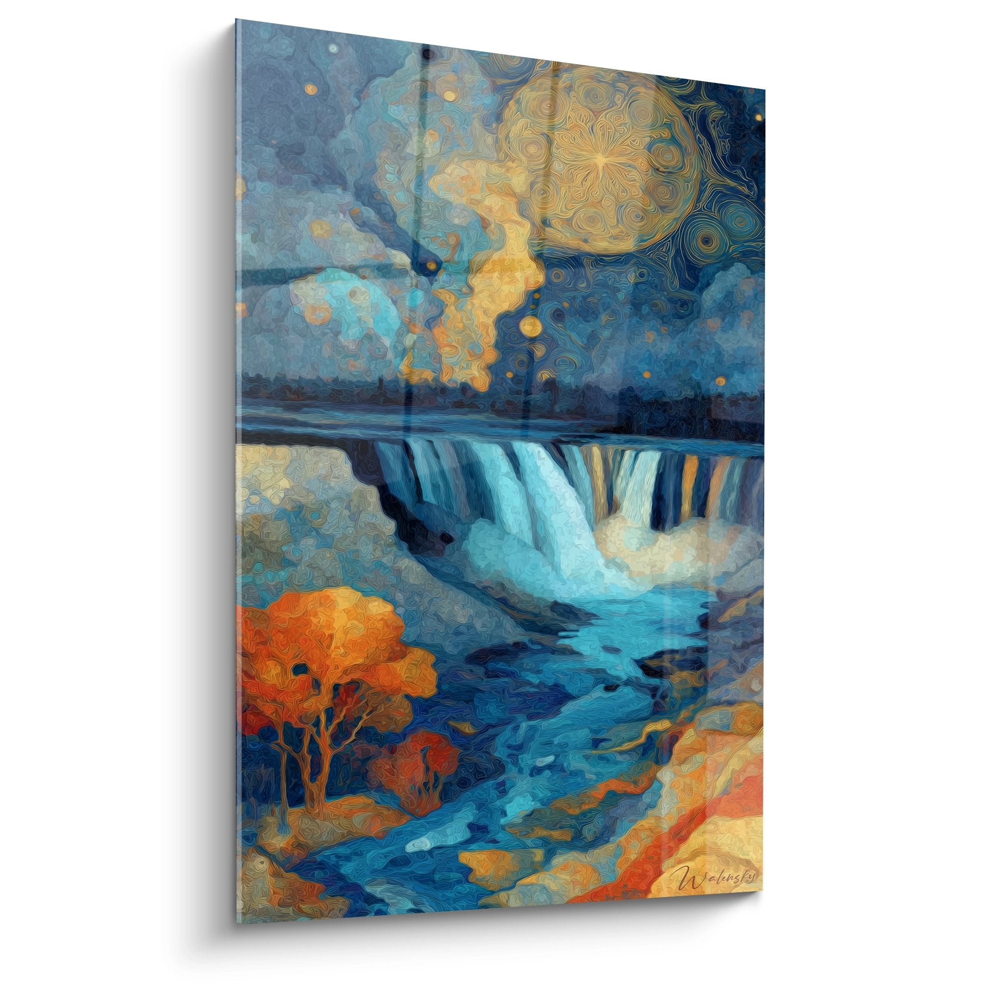 Tableau mural cascade céleste avec motifs cosmiques dorés et chutes d'eau turquoise style contemporain