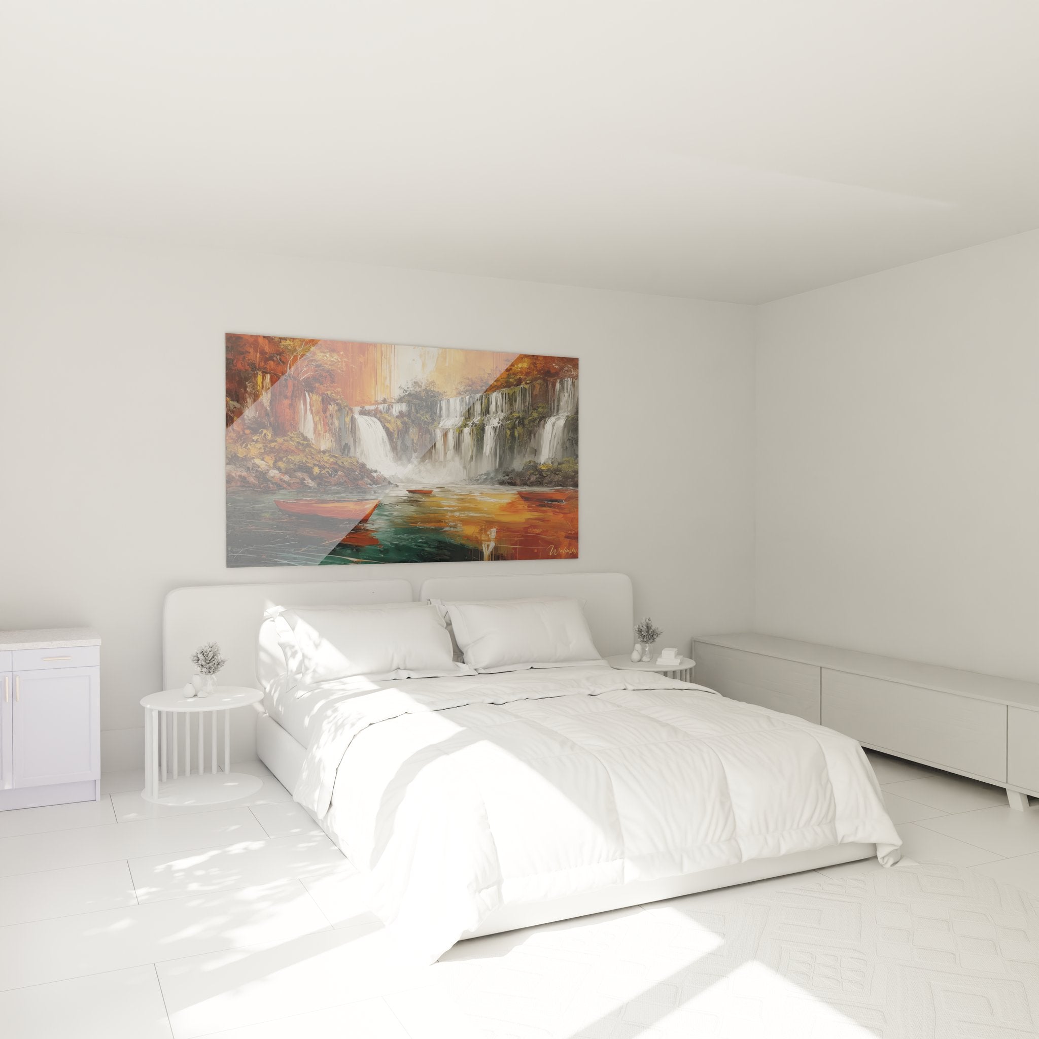 Tableau cascade décoratif dans chambre moderne avec barques orange et paysage automnal apaisant