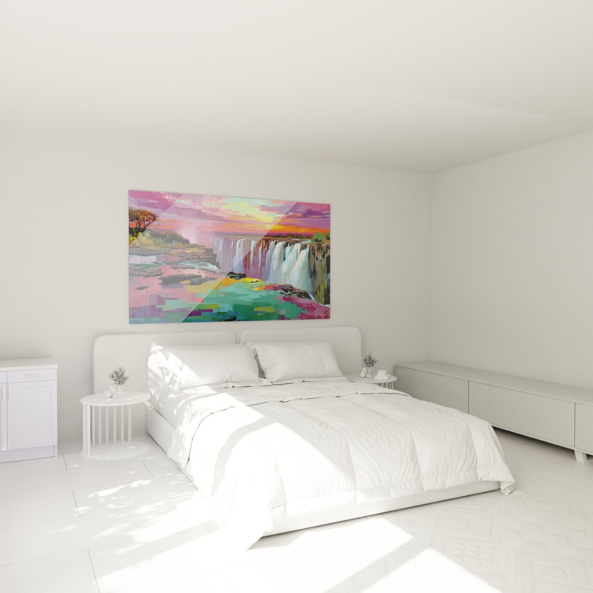 Tableau cascade colorée dans chambre moderne créant ambiance tropicale relaxante