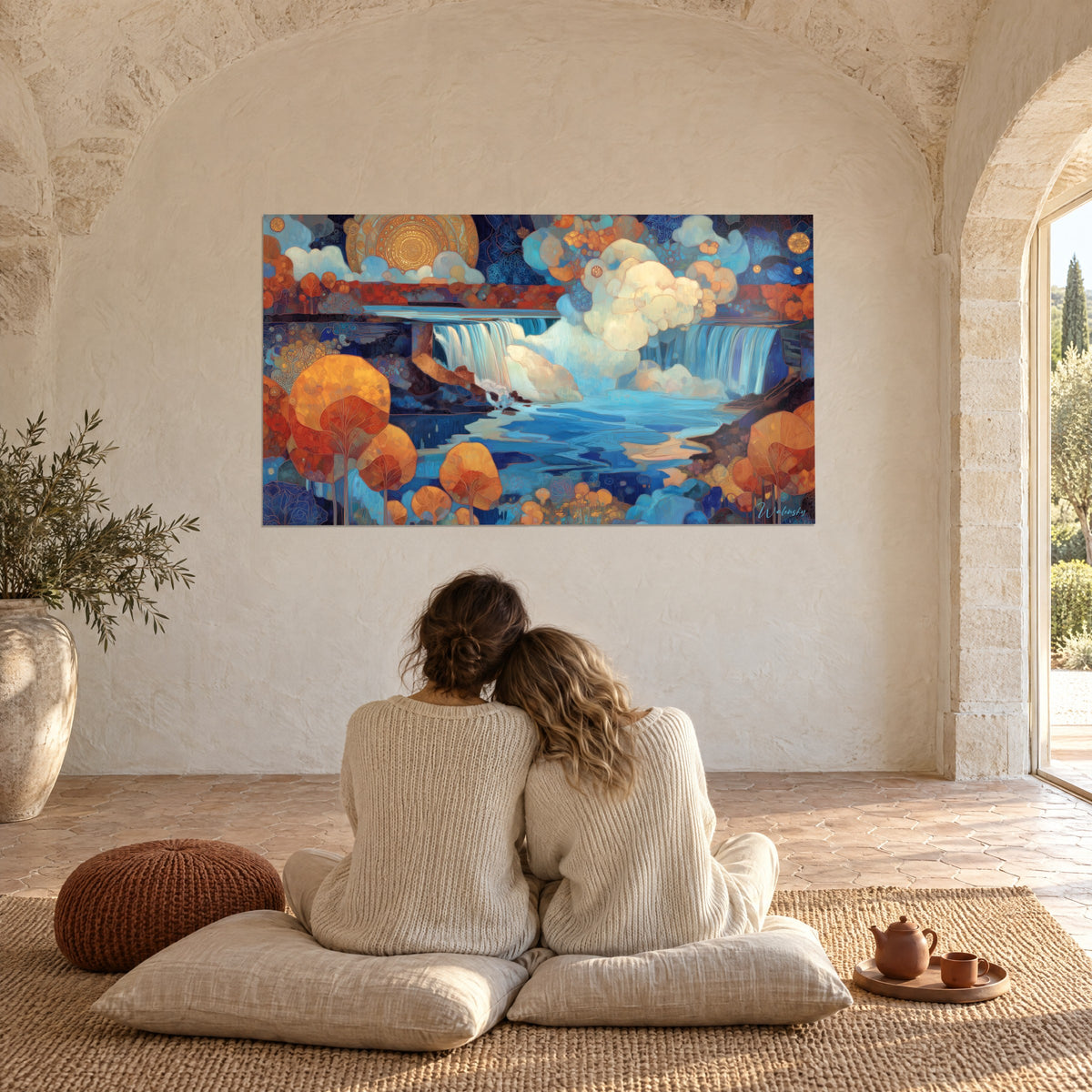 Gemälde Zwillingswasserfälle unter einer ornamentalen Sonne, rosébeige Wolken und blaues Wasser, zwei Personen von hinten eng umschlungen auf Kissen