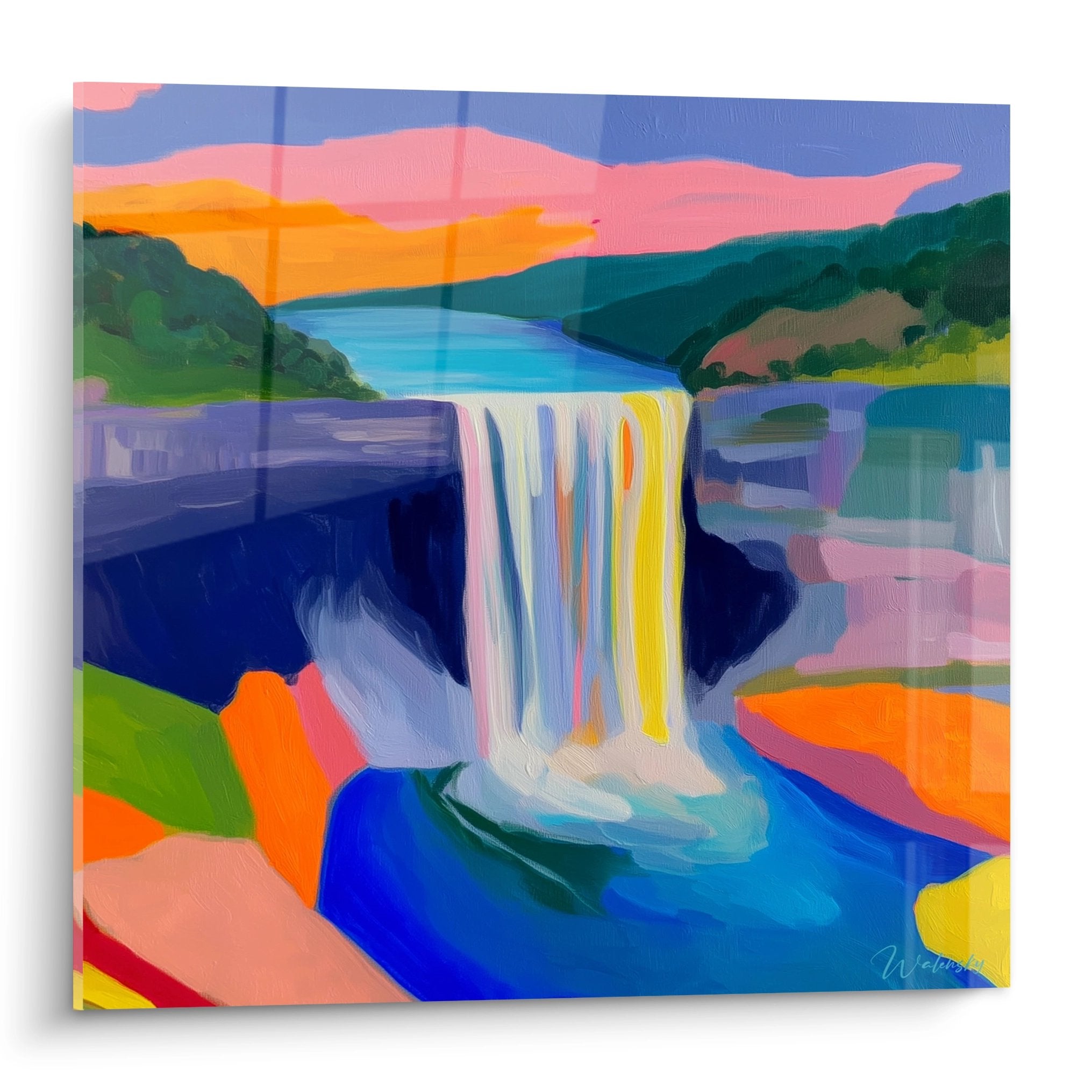 Tableau cascade abstraite colorée avec chute d'eau stylisée dans paysage montagneux moderne