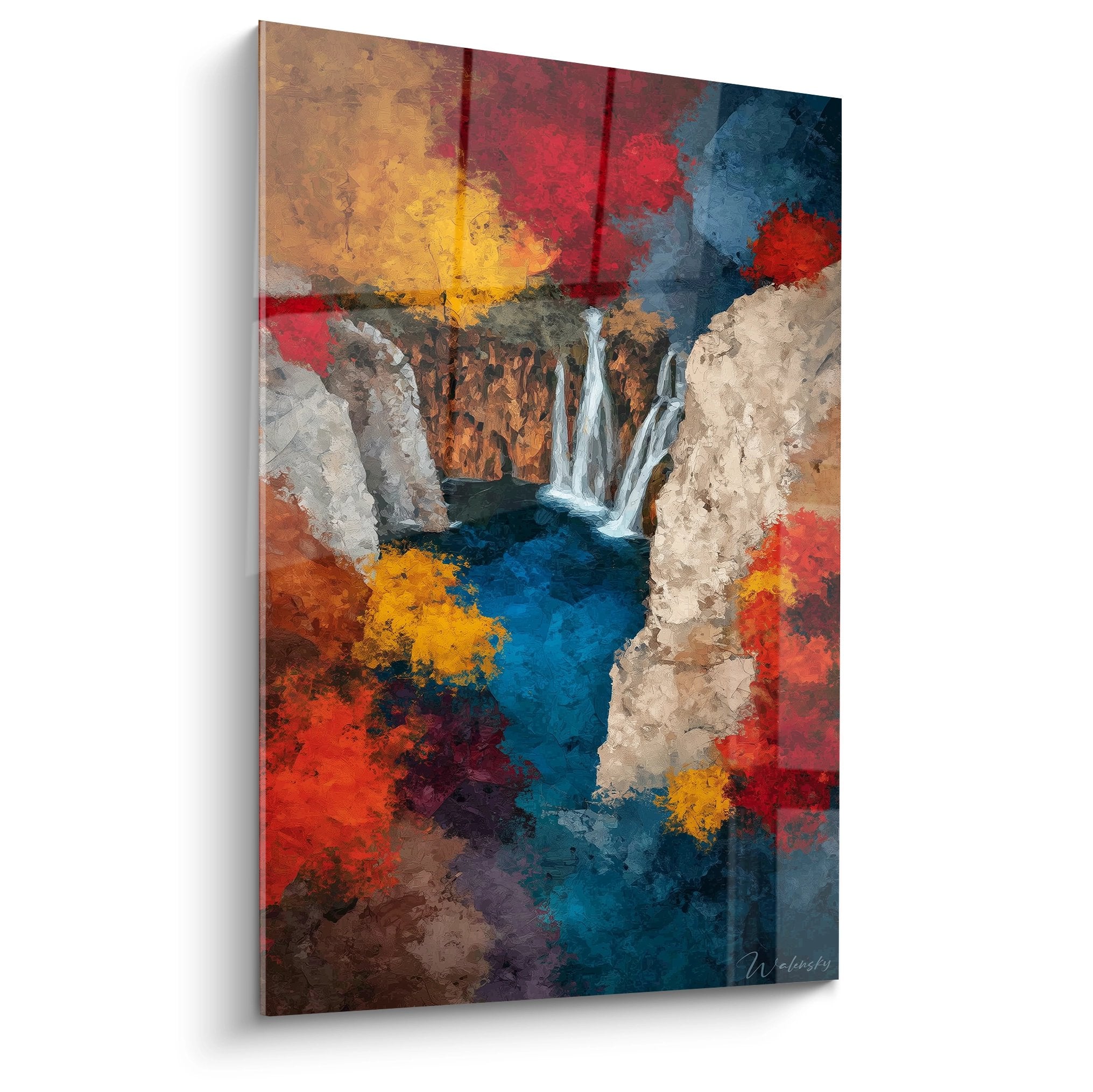 Tableau mural cascade colorée aux tons automnaux avec chutes d'eau et roches sculptées