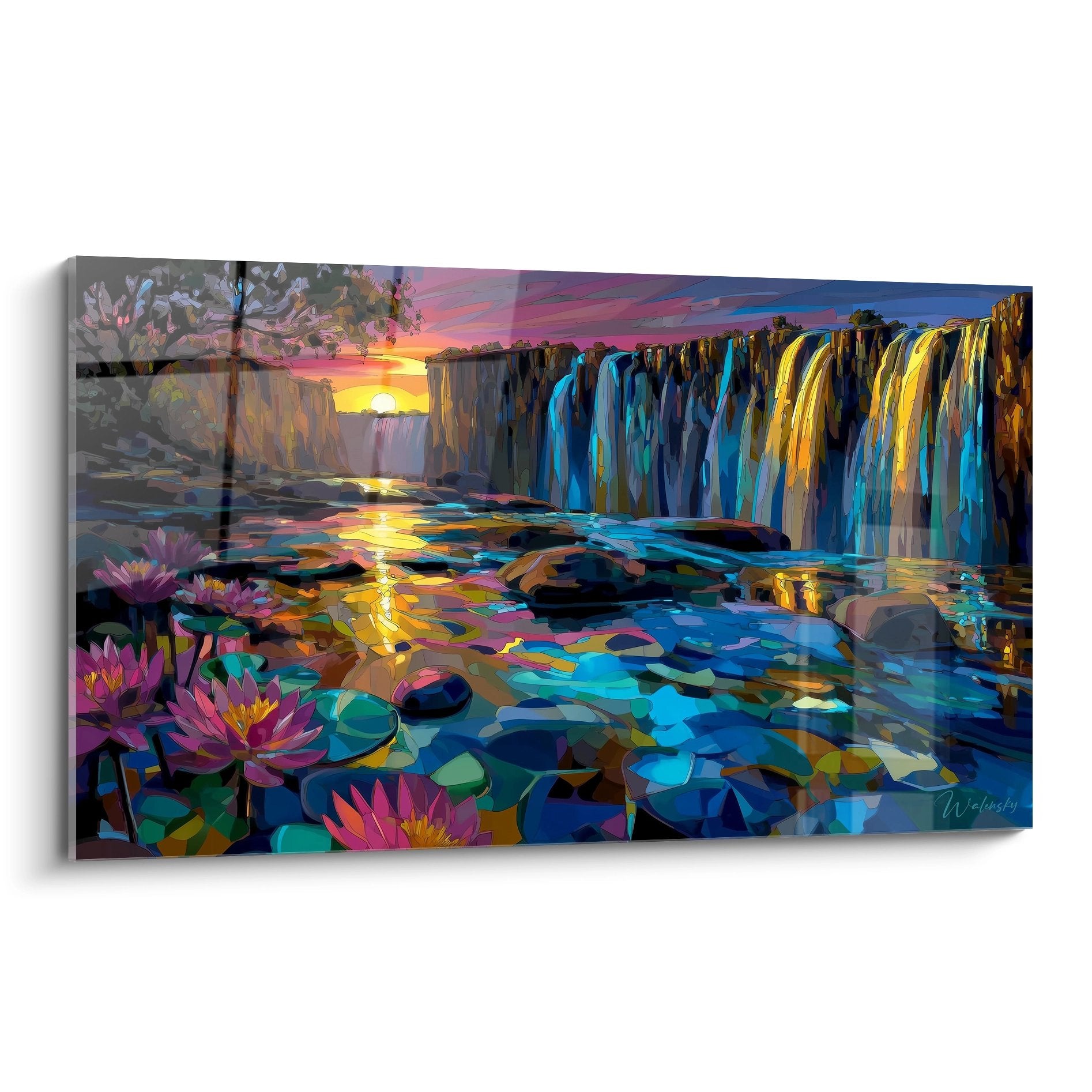 Tableau mural cascade multicolore avec nénuphars violets et reflets dorés dans paysage naturel fantastique