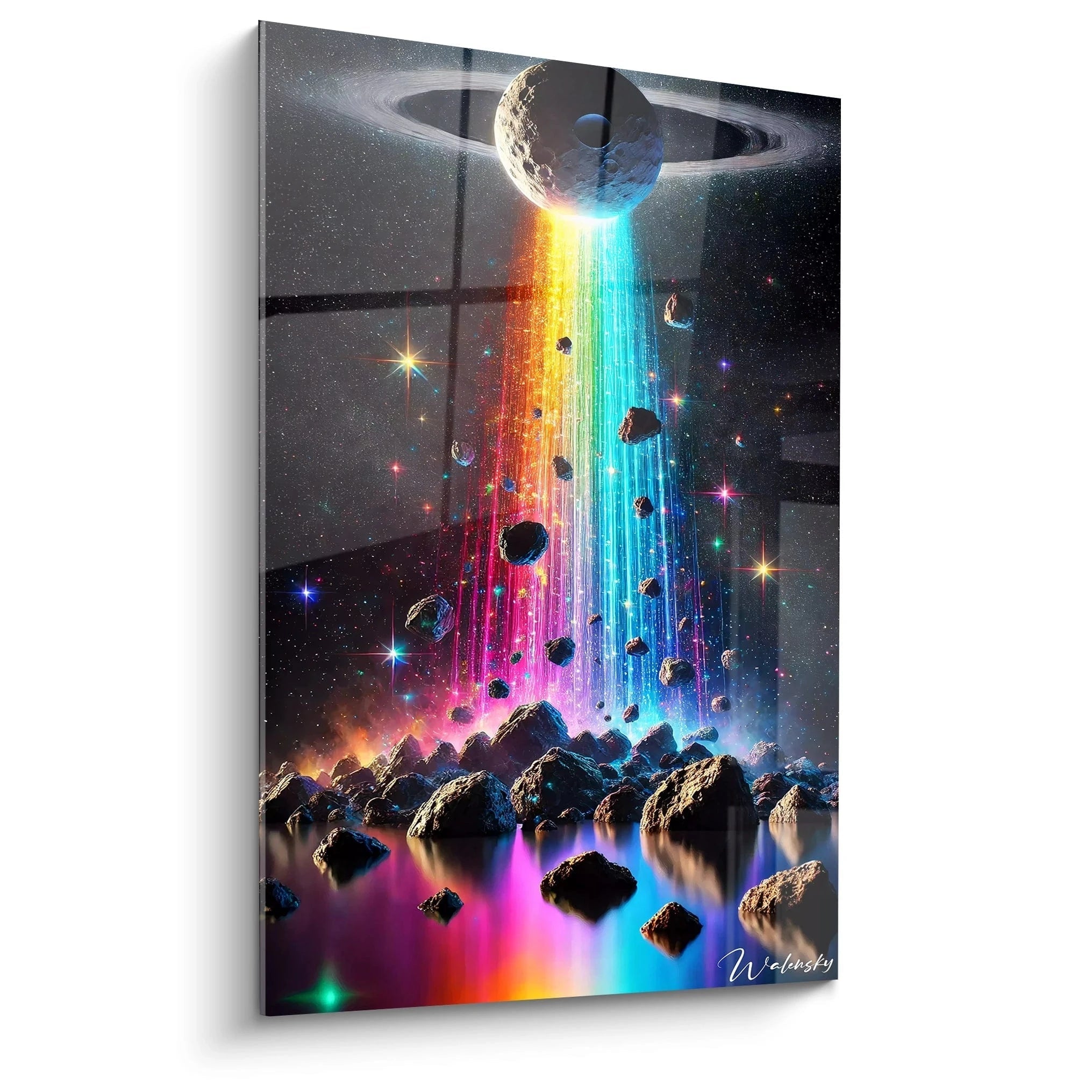 L'astéroïde suspendu projette un flux multicolore vibrant sur un fond noir et bleu profond. Les textures hyperréalistes et les éclats lumineux capturent l'émerveillement cosmique. tableau espace