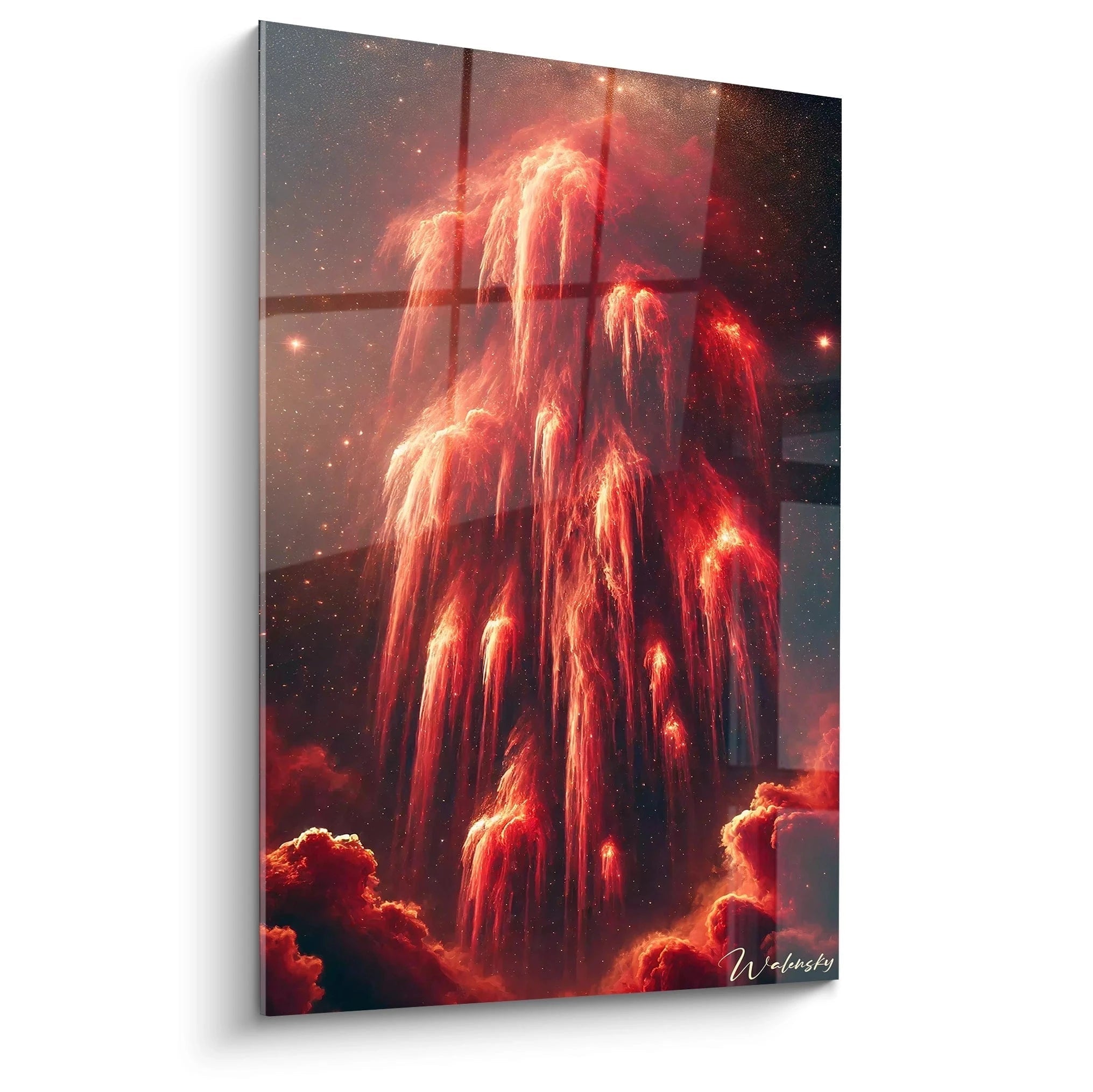 cette cascade céleste mêle rougeoyant et noir profond les textures dynamiques évoquent une explosion cosmique. Les teintes vibrent dans un ballet d'énergie créatrice.