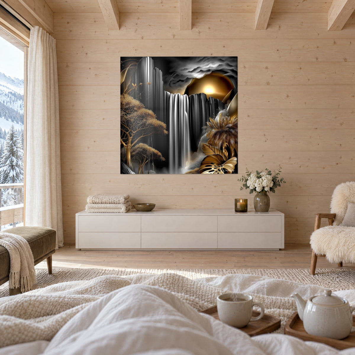 Tableau torrent monochrome sous un ciel d'orage, astre doré et feuillages bronze, au-dessus d'un lit dans une chambre claire