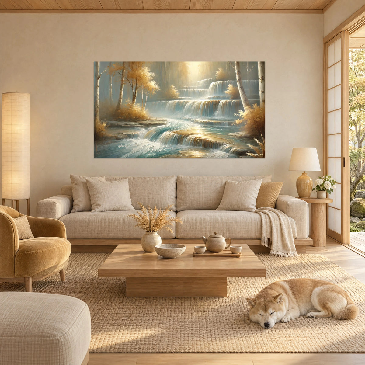 Quadro cascata a gradoni, betulle bianche e fogliame dorato, acqua turchese, Shiba sdraiato sopra un divano in un soggiorno luminoso