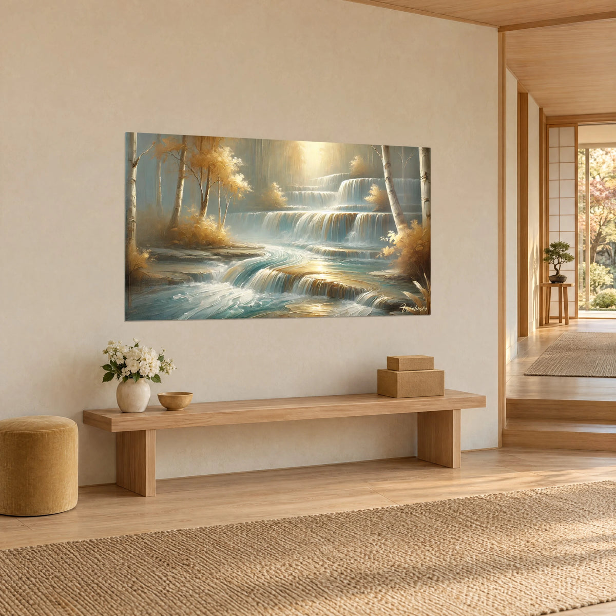 Quadro fiume a gradoni a cascata, schiuma bianca e riflessi ocra sull'acqua turchese, parete color crema, panchina in legno japandi
