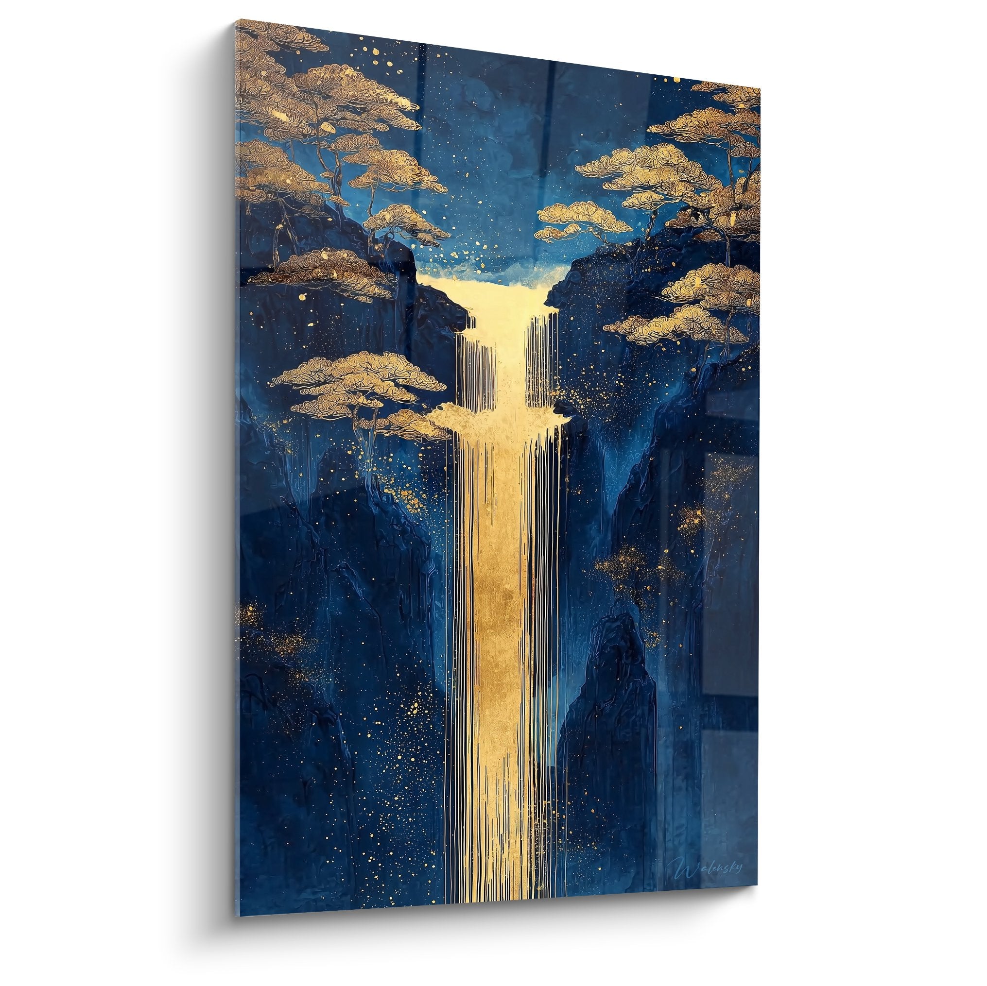 Tableau cascade doree paysage nocturne etoile bleu or feng shui nord eau decoration murale zen