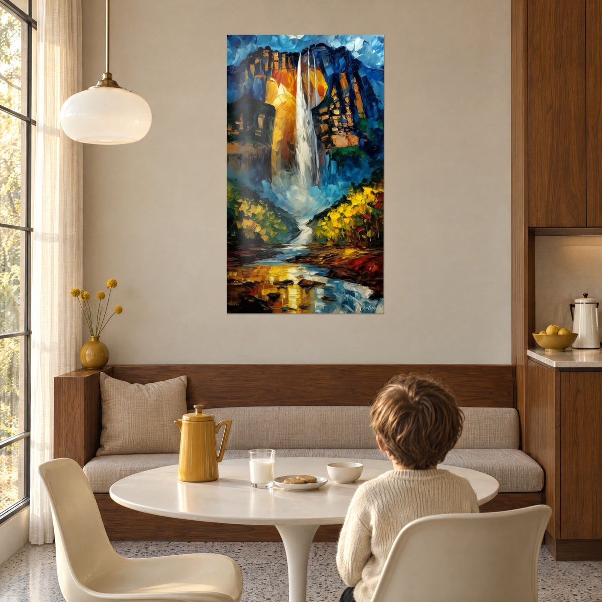 Wall art tall cascade framed by lemon-yellow foliage and deep green, turquoise sky, wood-paneled dining room with a child