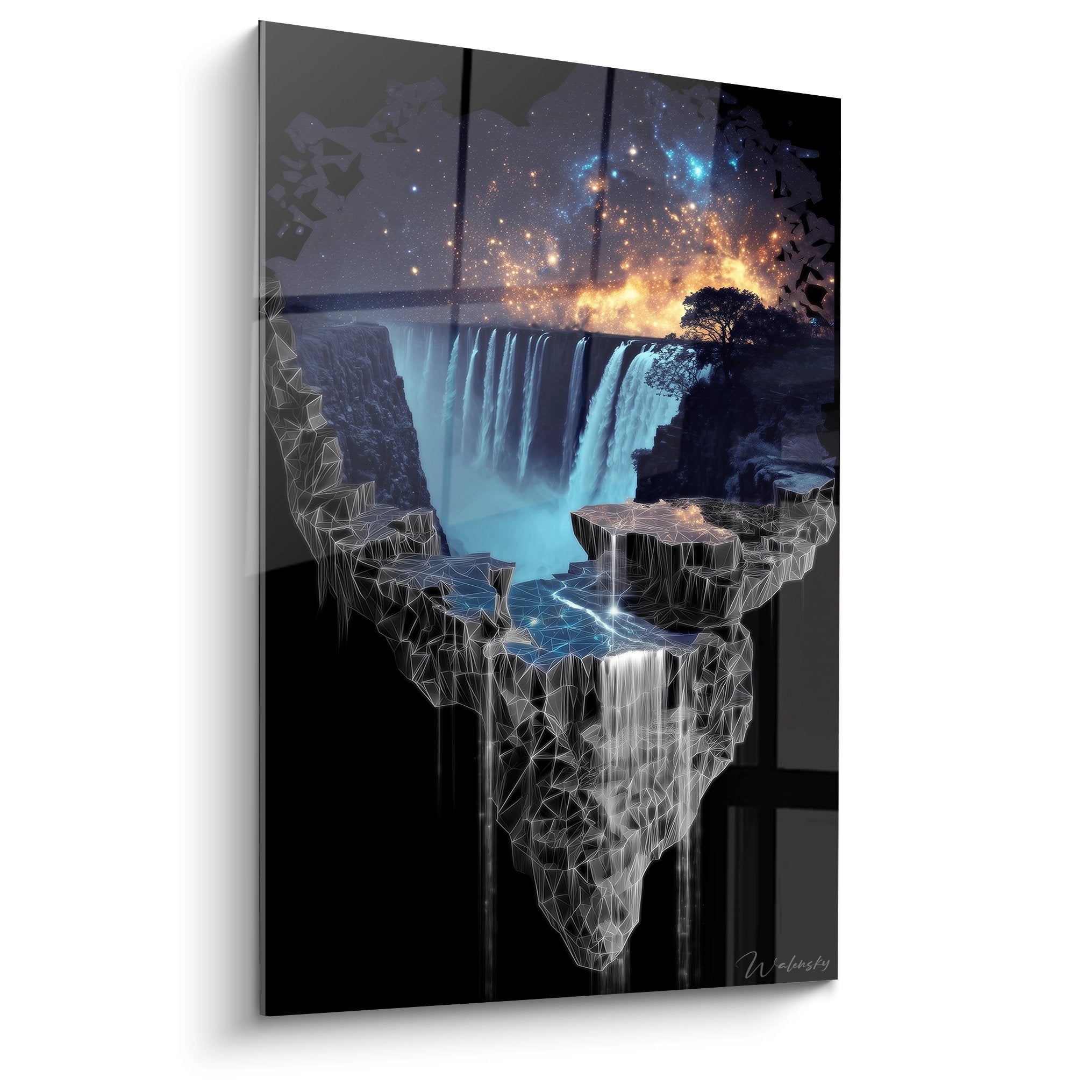 Tableau cascade géométrique avec ciel étoilé et formes cristallines - Art mural moderne