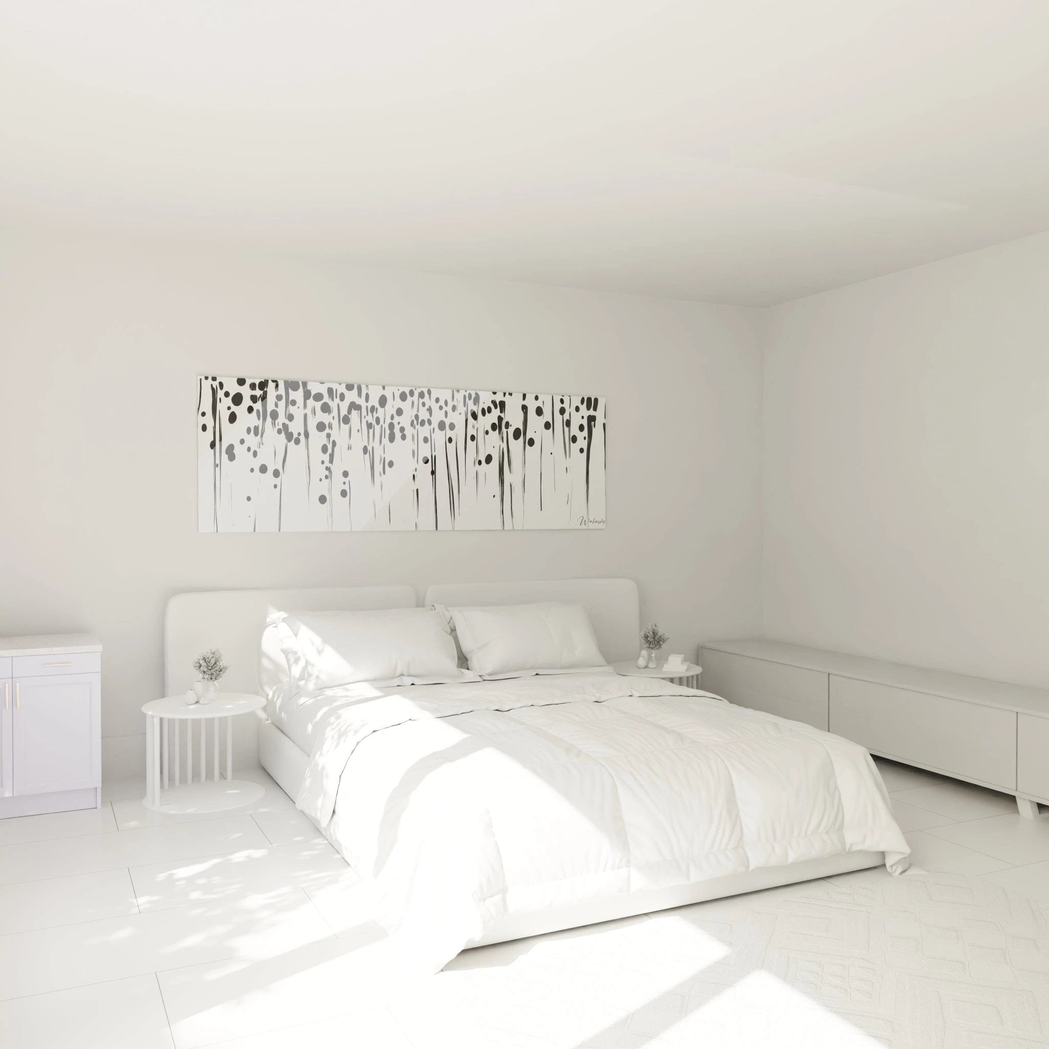 Tableau tacheté noir et blanc de Walensky sur mur au-dessus d'un lit dans une chambre moderne