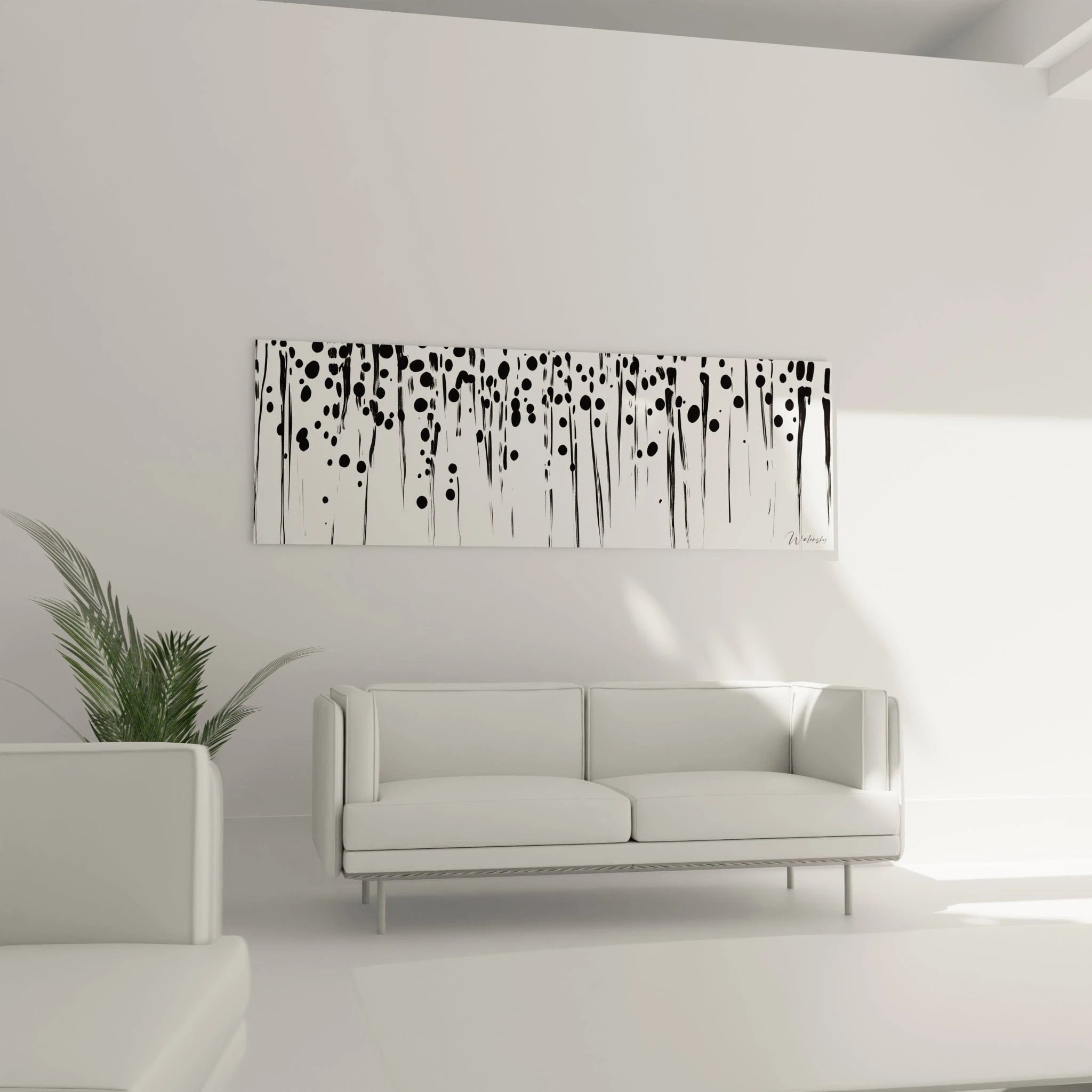 Tableau tacheté noir et blanc de Walensky decorant un mur dans un salon moderne