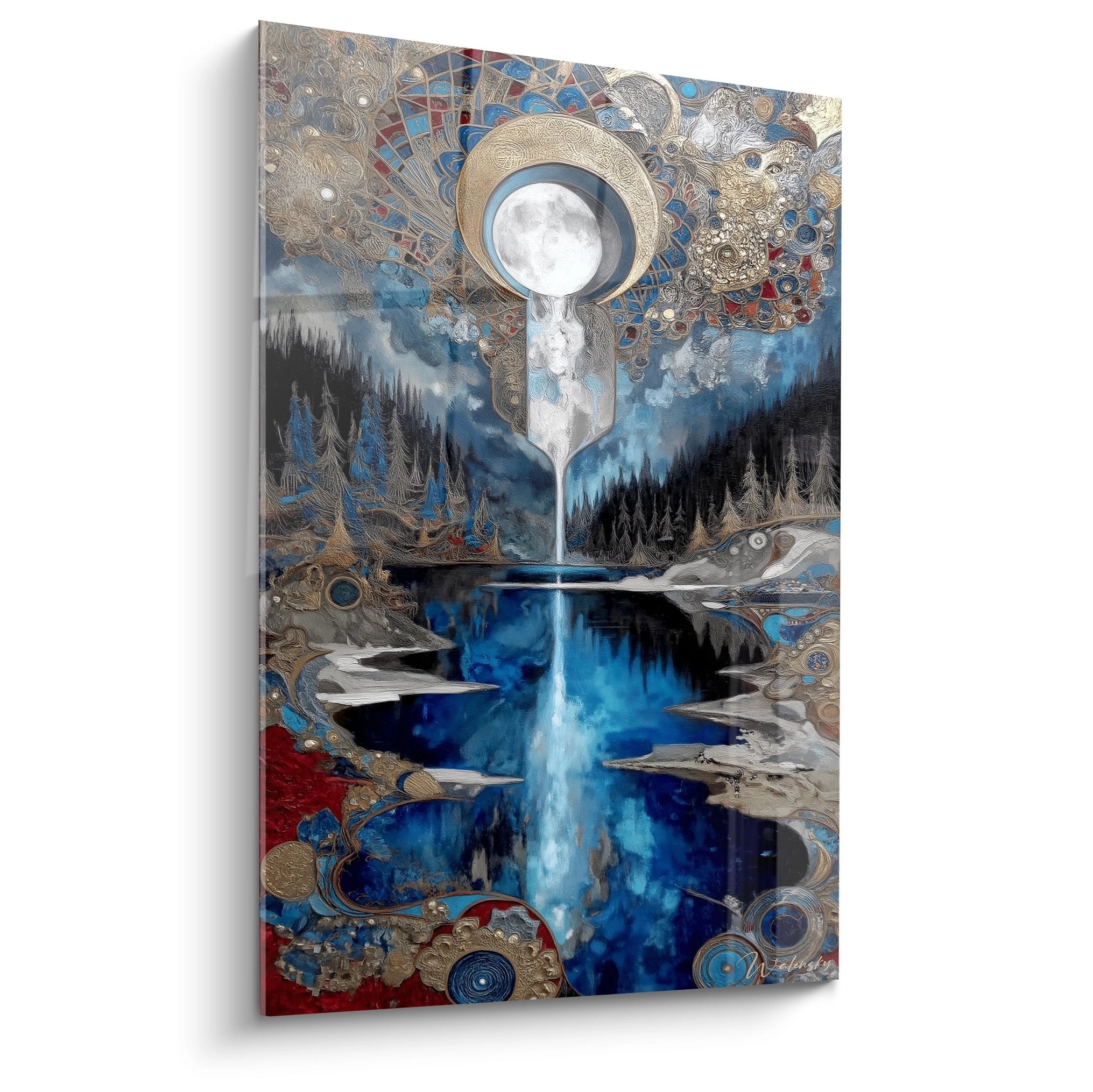 Tableau mural cascade lunaire mystique avec ornements dorés et lac paisible art cosmique