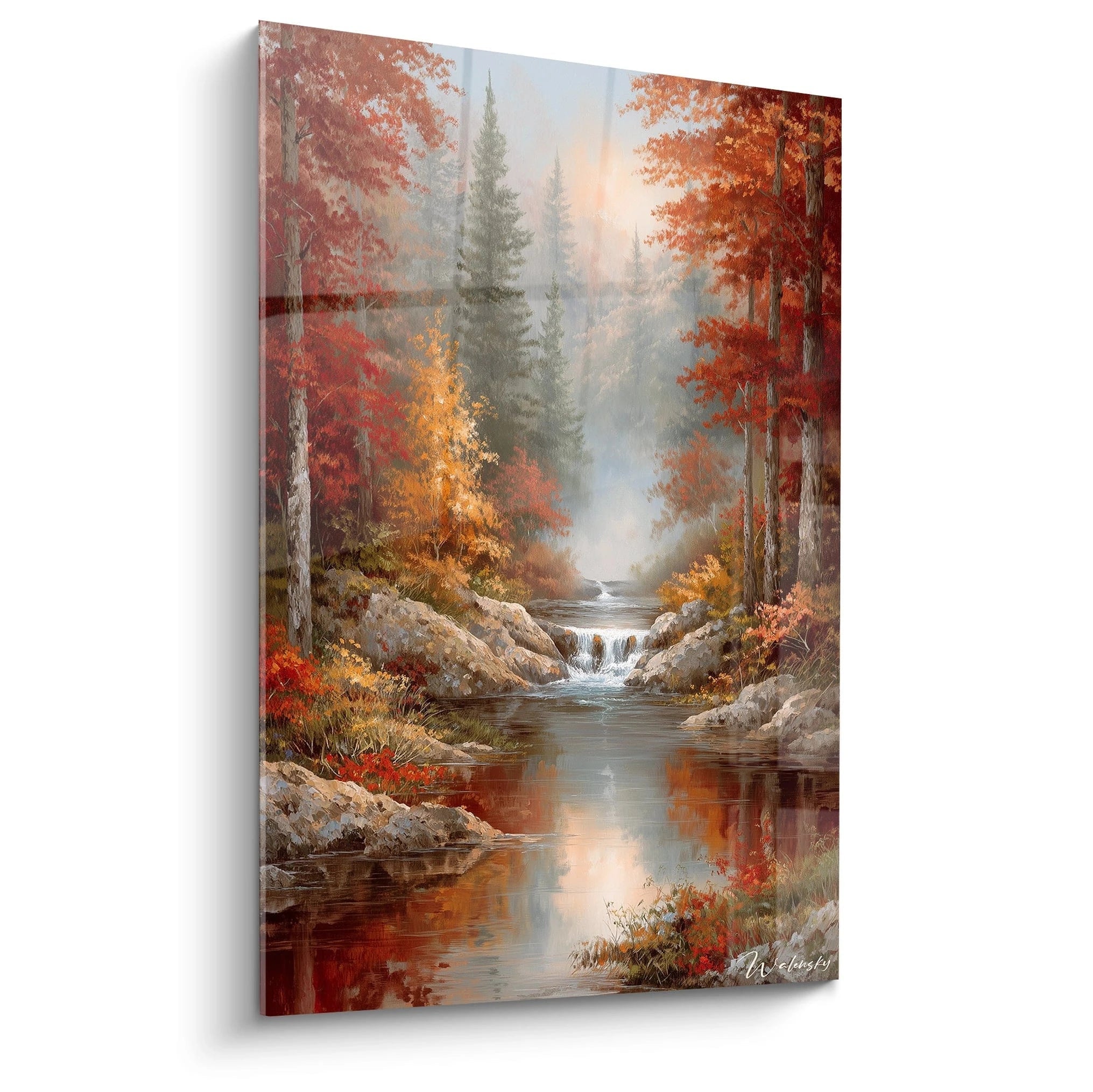 Tableau mural Walensky tableau paysage automnal avec rivière, petite cascade et reflets aux teintes rouges et dorées