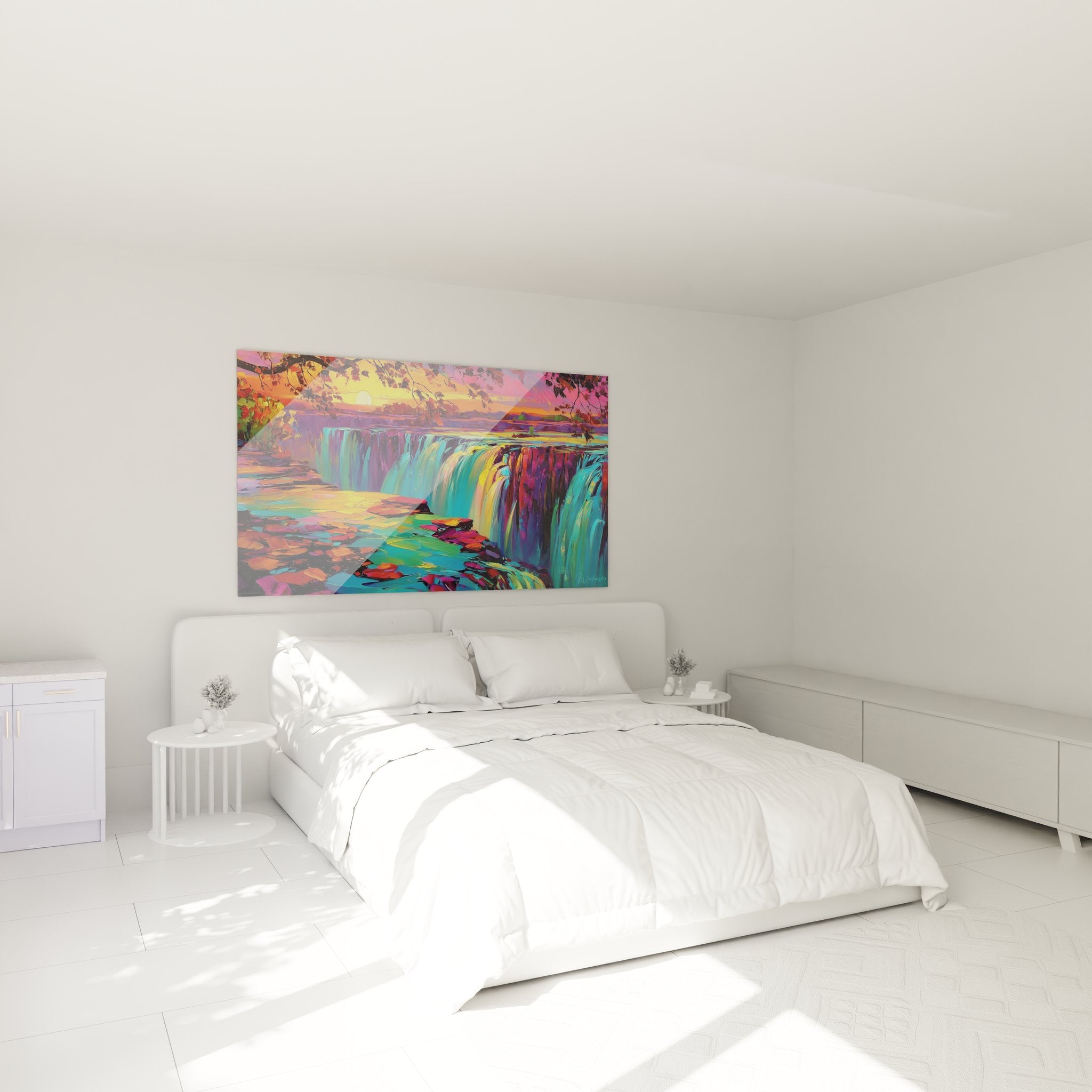 Tableau cascade colorée installé dans chambre moderne, décoration murale artistique contemporaine