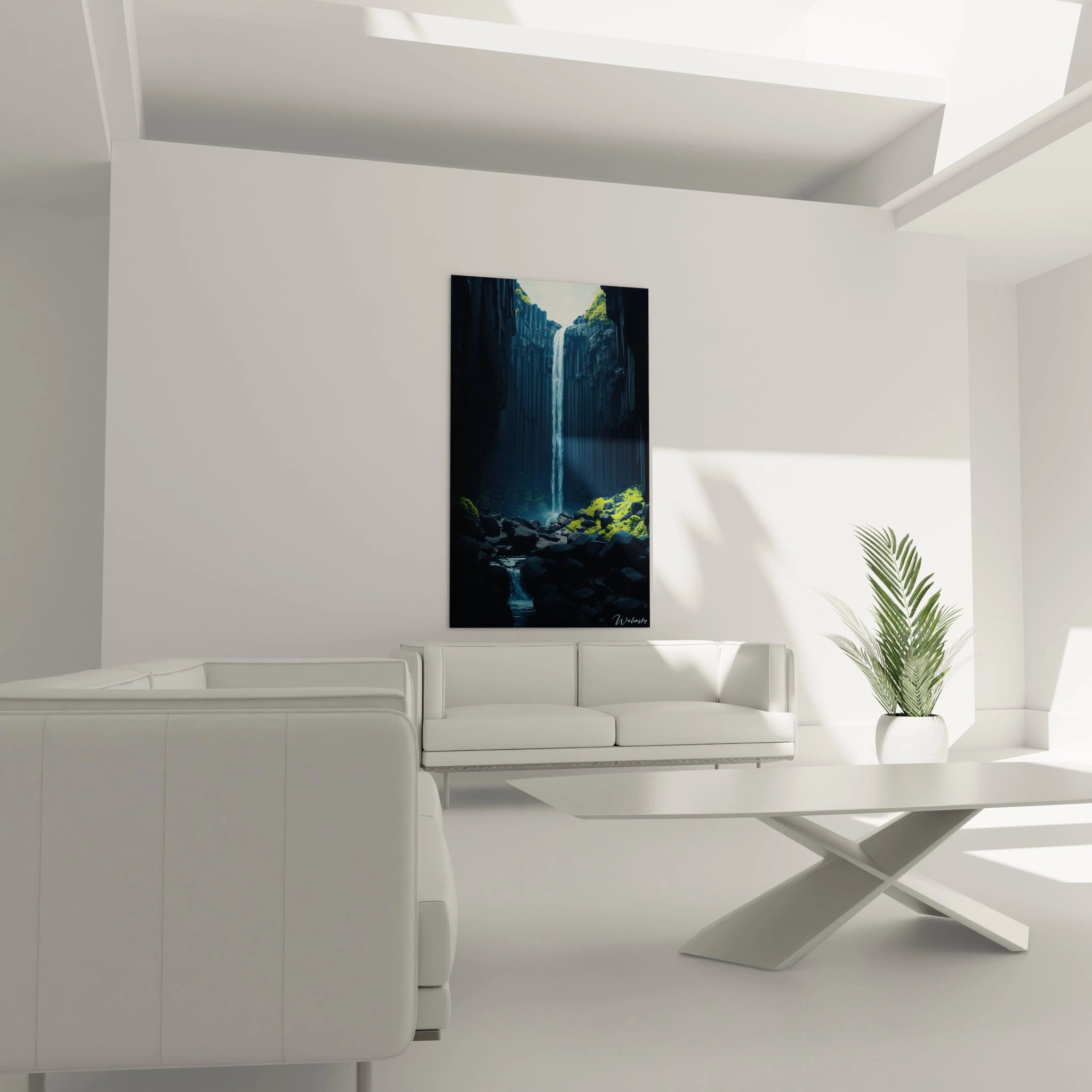 Un tableau cascade mettant en scĂšne une falaise basaltique sombre avec une cascade lumineuse. La texture rocheuse est angulaire et contrastĂ©e, tandis que lâeau affiche un rendu fluide et lĂ©gĂšrement vaporeux.