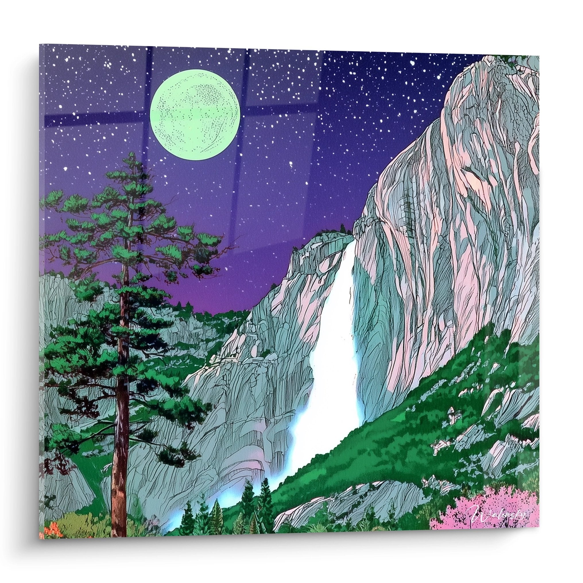 Tableau cascade nocturne avec lune verte, montagnes roses et pin traditionnel sur ciel étoilé violet