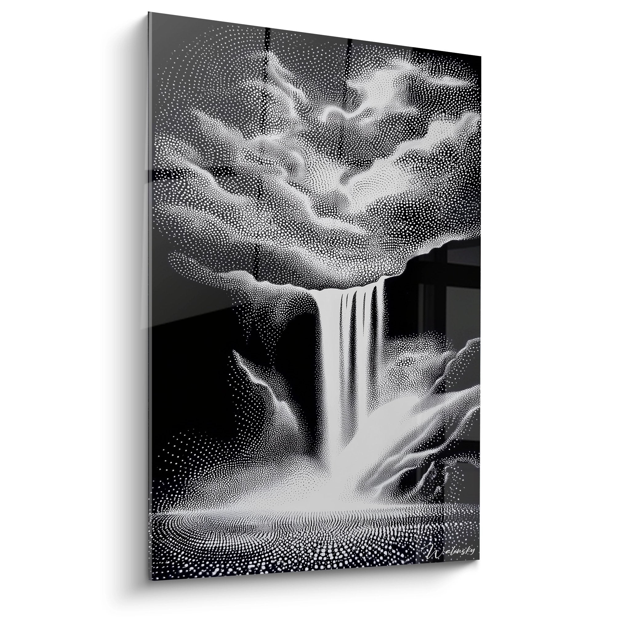 Tableau mural cascade pointillisme noir et blanc chute d'eau artistique décoration moderne