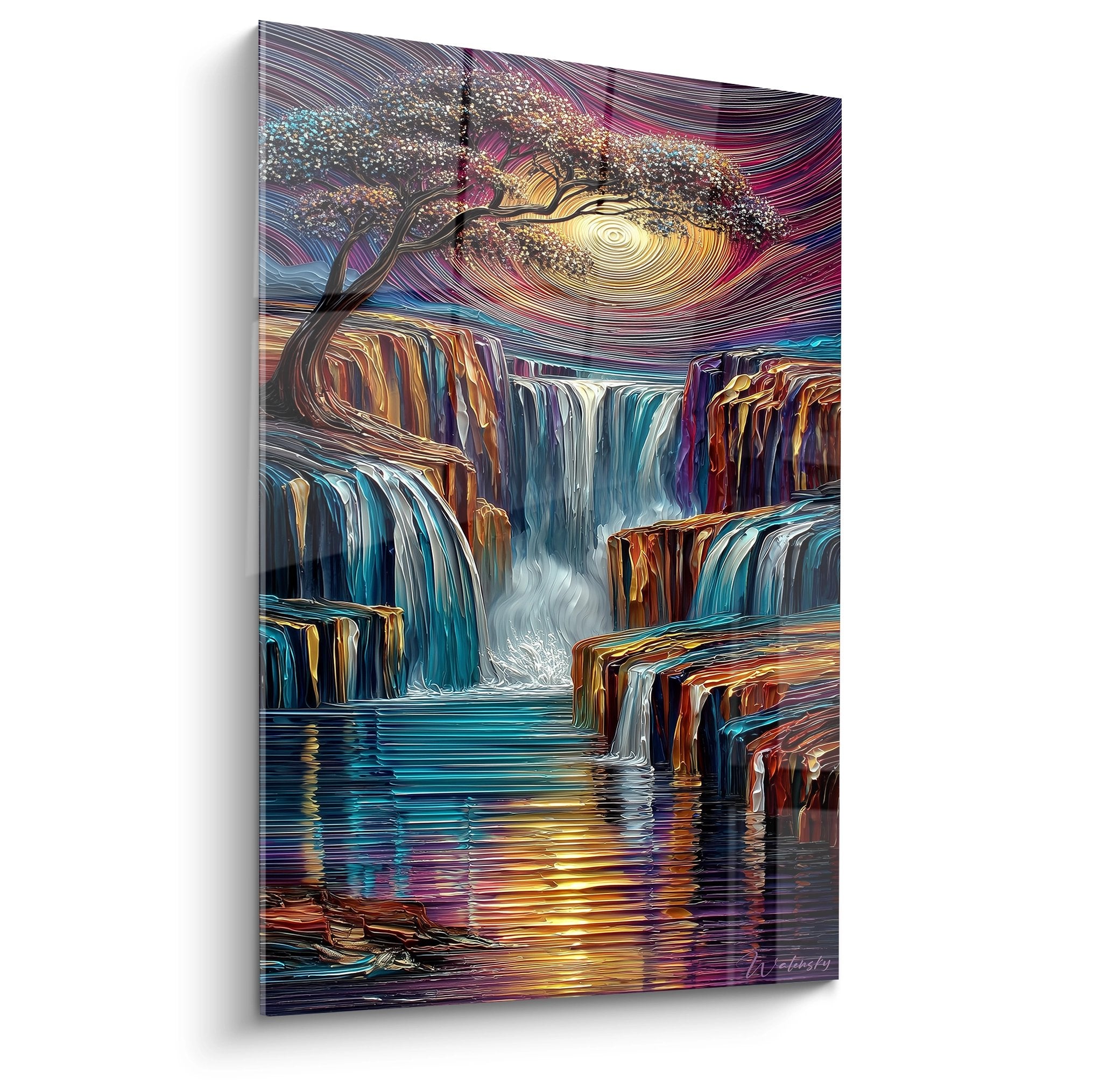 Tableau cascade psychédélique moderne avec chutes d'eau colorées et arbre fantastique pour décoration murale