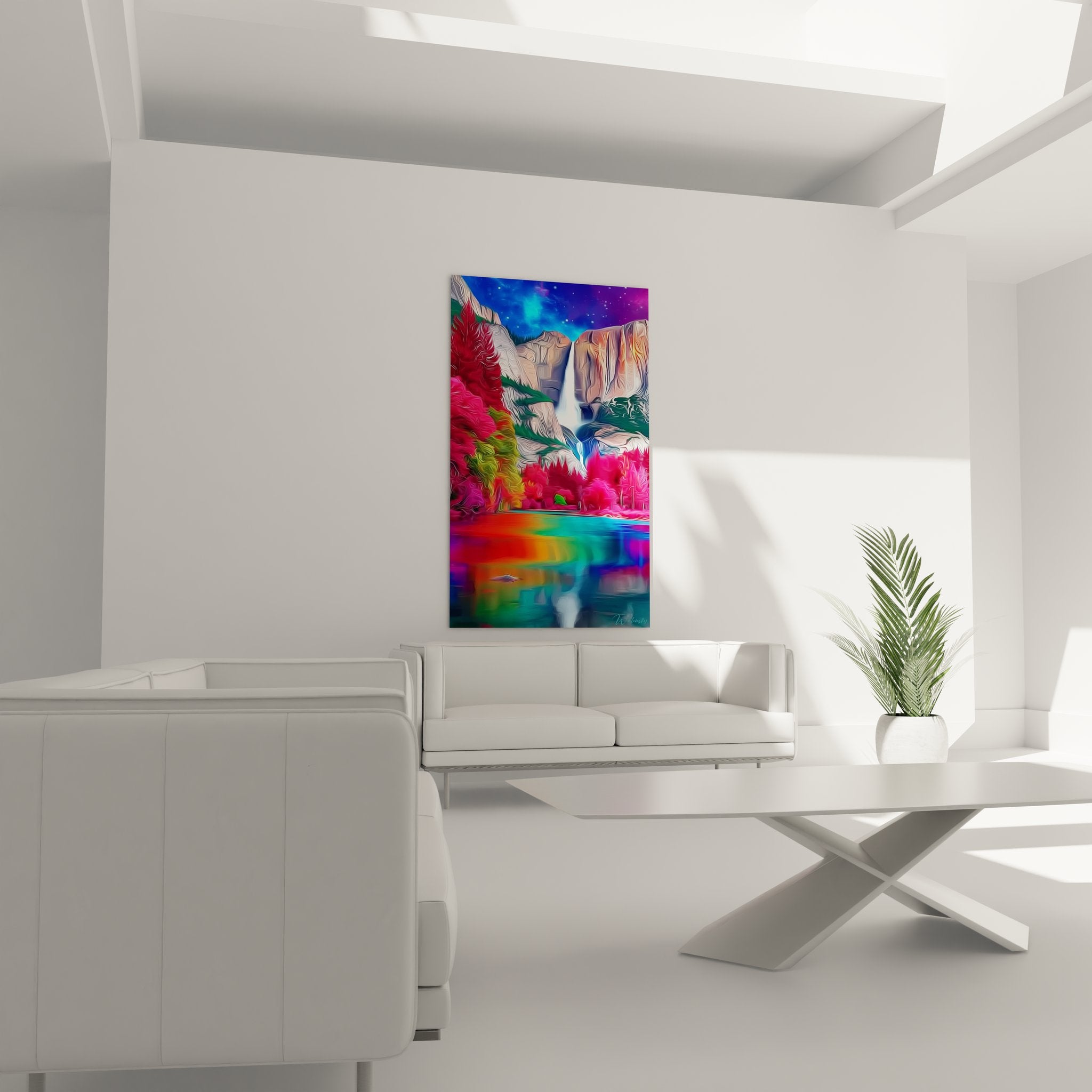 Gros plan détaillé du tableau cascade montrant les textures organiques et les effets colorés hypnotiques
