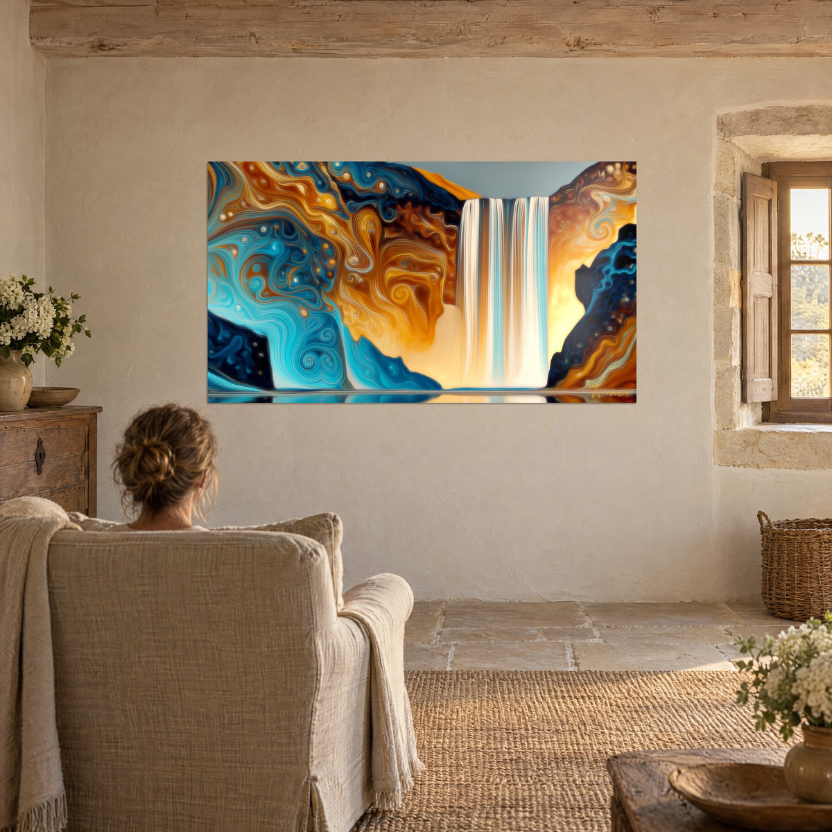 Tableau fresque de cascade verticale entre roches ondulantes turquoise et safran, reflet sur l'eau, vue par une femme assise de dos