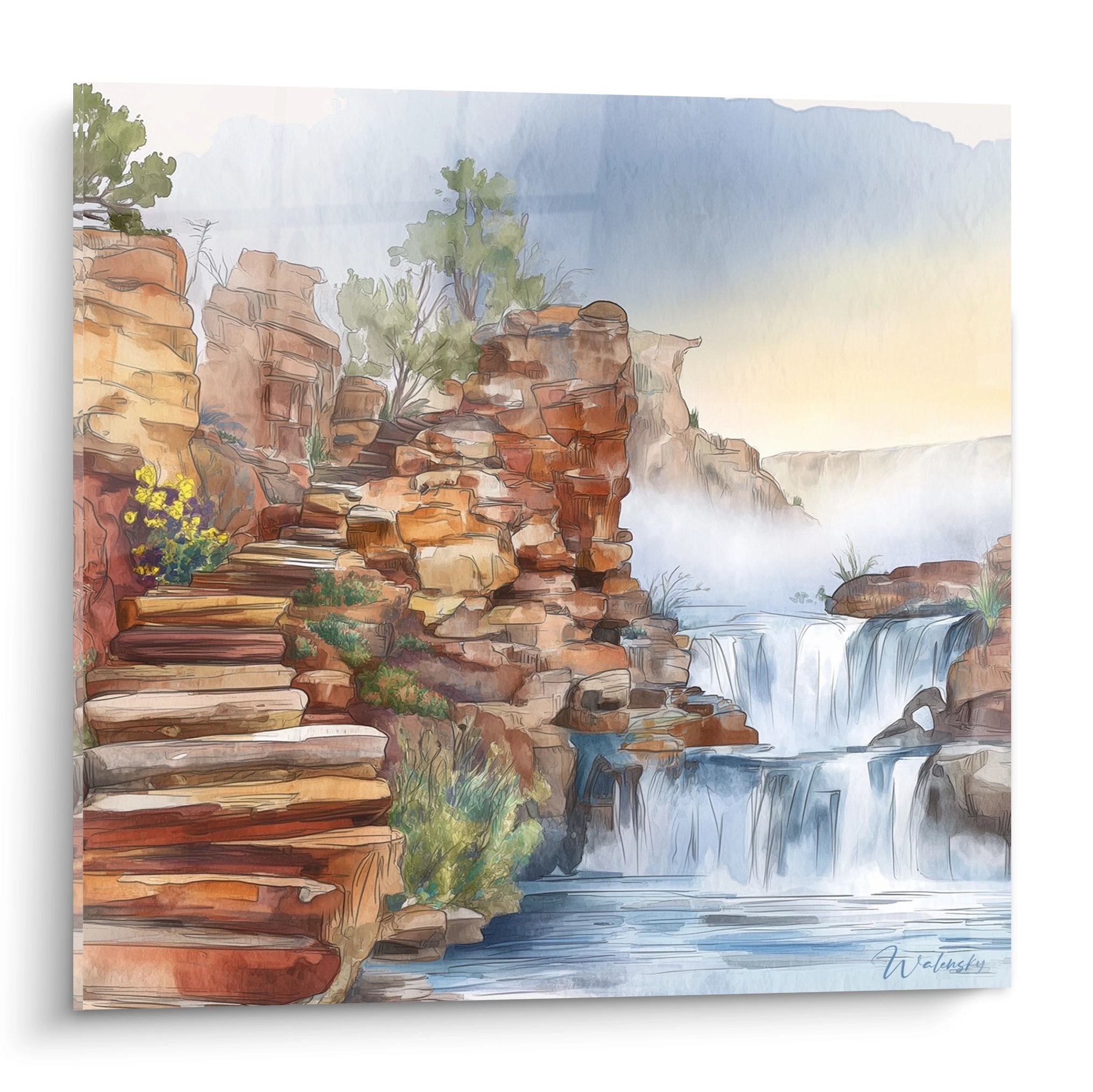 Tableau cascade rocheuse avec chute d'eau naturelle entre formations géologiques colorées