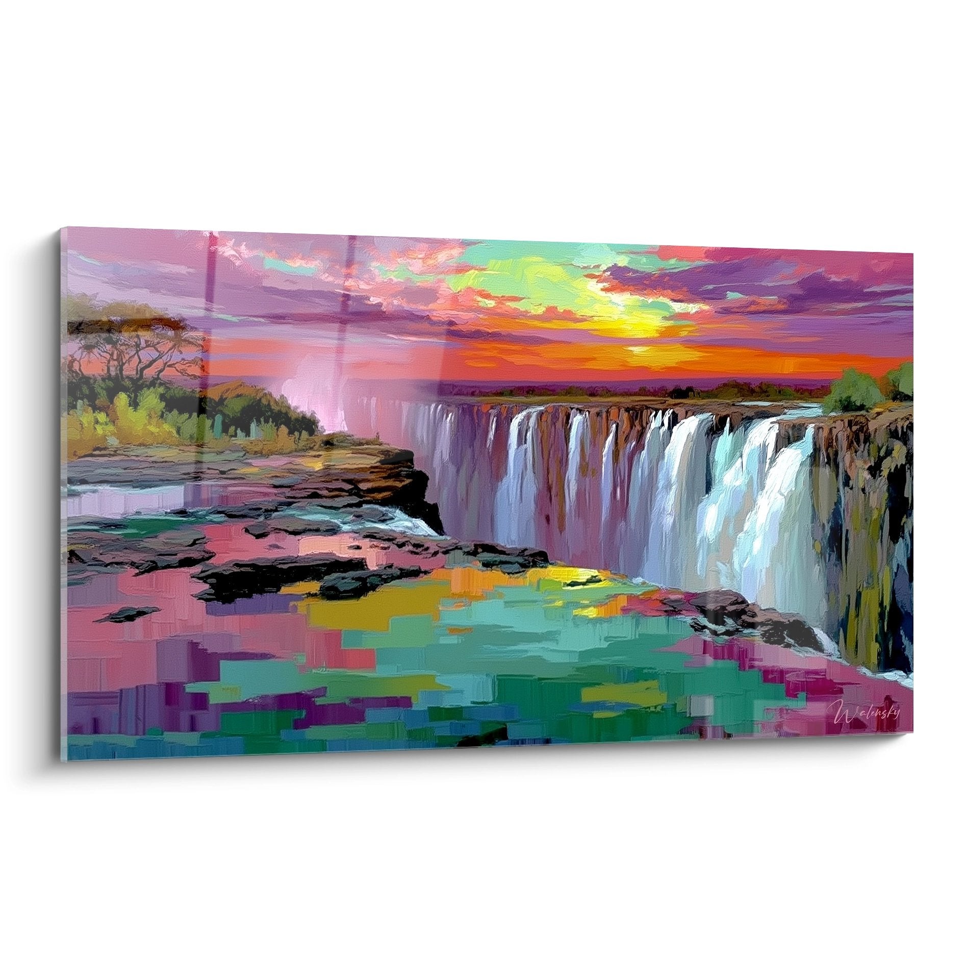 Tableau mural cascade tropicale colorée au coucher de soleil avec chutes d'eau et ciel dramatique