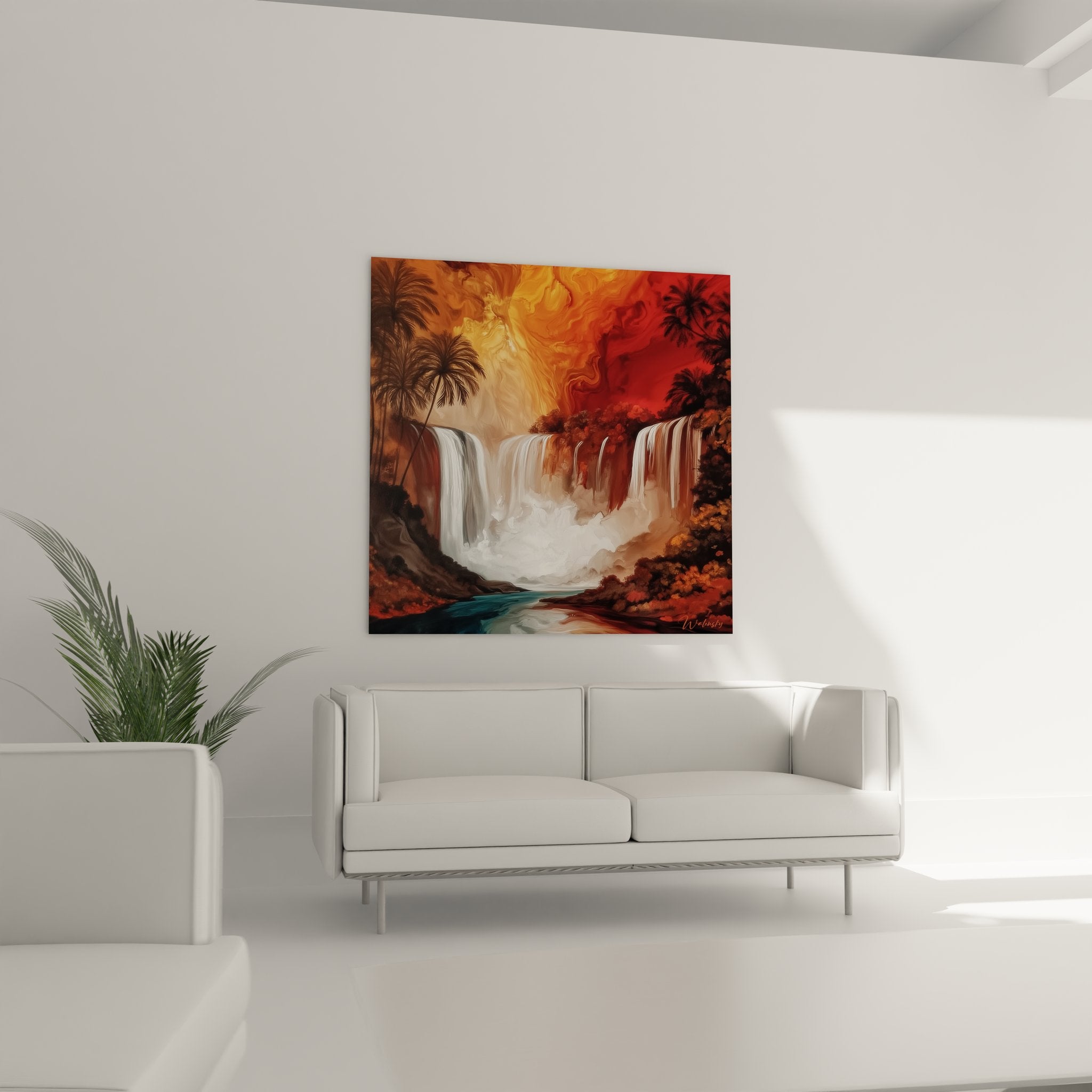 Détail gros plan tableau cascade tropicale - textures eau palmiers et couleurs flamboyantes artistiques