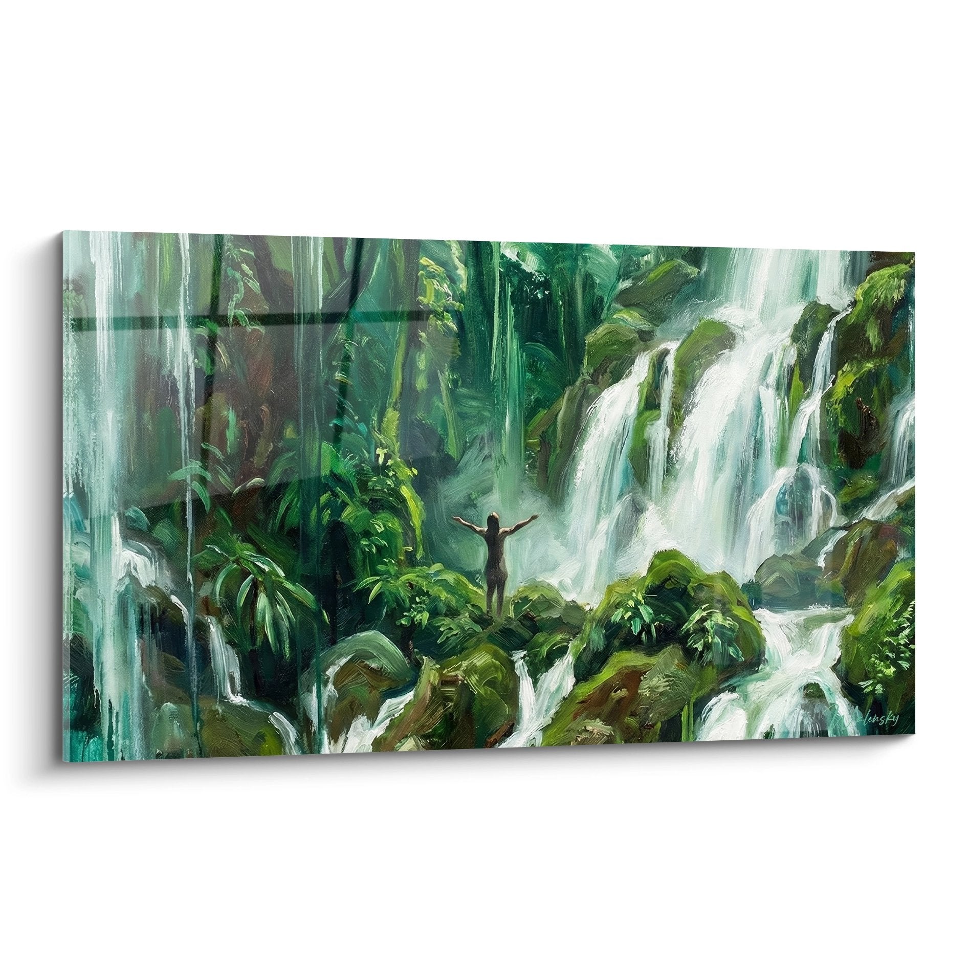 Tableau cascade tropicale verte avec silhouette contemplative aux bras levés dans jungle luxuriante Bali