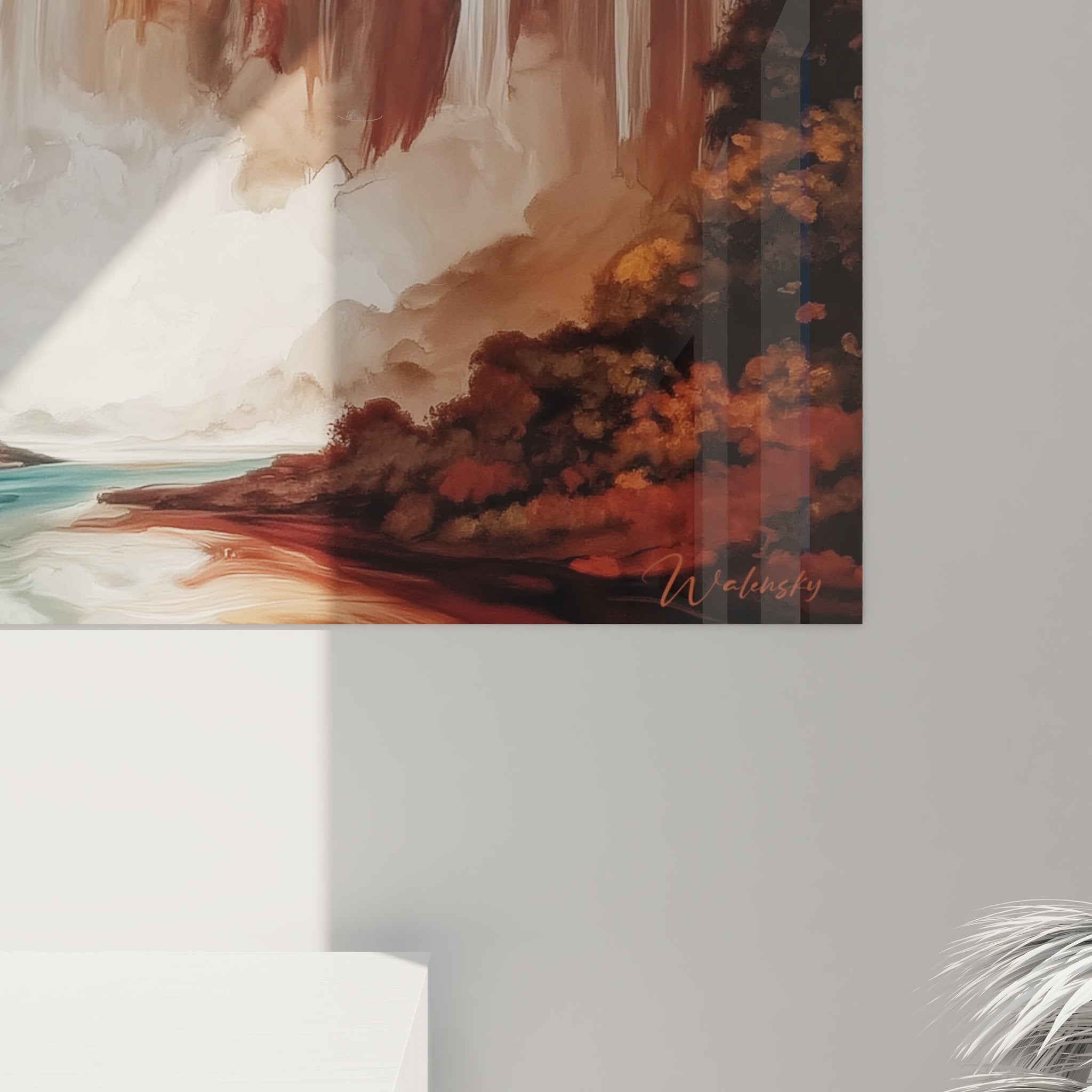 Vue ensemble tableau cascade tropicale paradis ardent - art mural décoratif paysage exotique complet