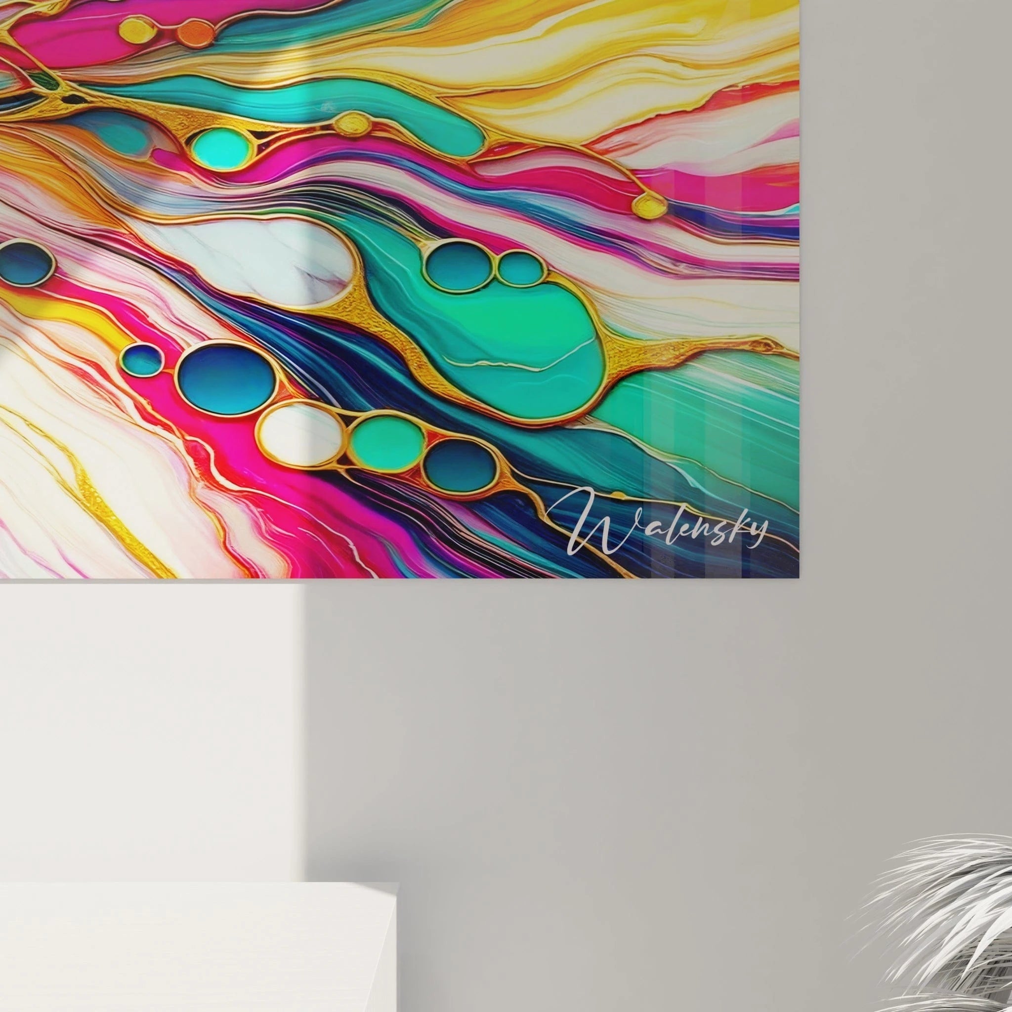 Tableau abstrait présentant un réseau de veines colorées délimitées par des tracés dorés. Mélange harmonieux de rose électrique, bleu turquoise, blanc nacré et vert émeraude. Effet visuel de couches translucides avec inclusions circulaires de différentes teintes. Composition ondoyante évoquant une coupe géologique fantaisiste aux couleurs saturées.
RetryClaude can make mistakes. Please double-check responses.