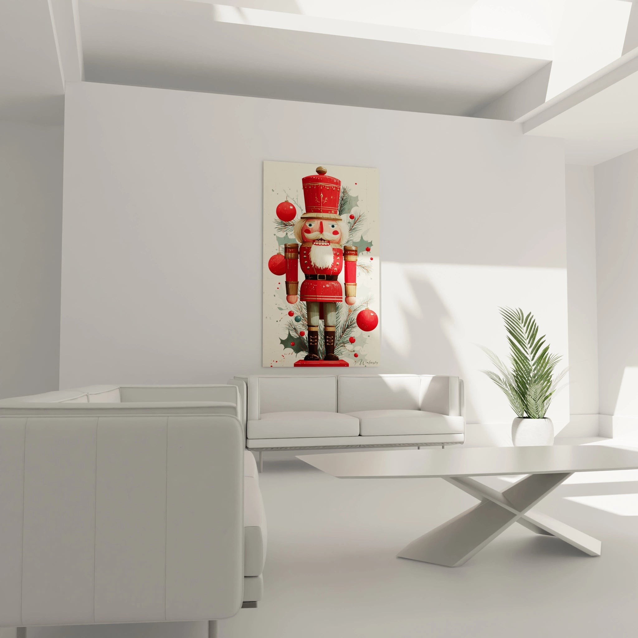 Tableau casse-noisette Noël sur mur blanc dans un salon moderne avec meubles minimalistes