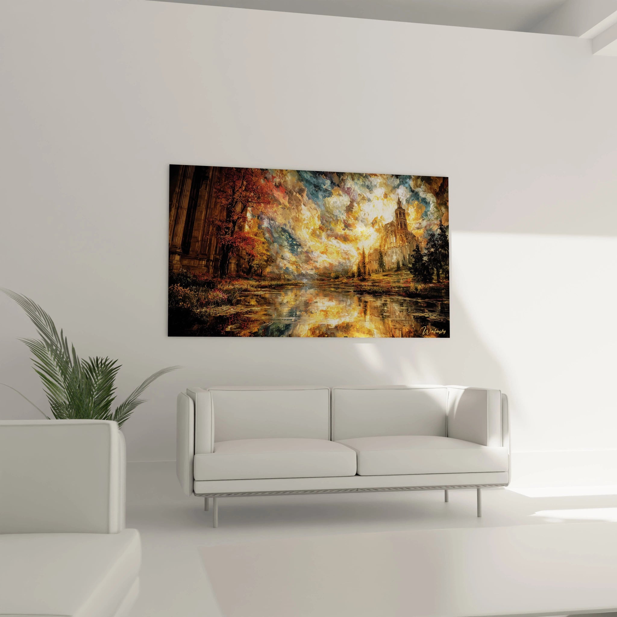 Walensky tableau gothique cathédrale peinture murale aux teintes dorées reflet sur l eau au dessus d un canapé blanc