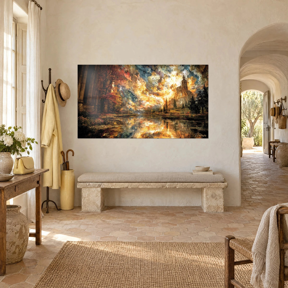 Tableau église néogothique dorée sous un ciel orange et bleu, reflets dans l'eau, sur un mur en pierre d'un mas provençal