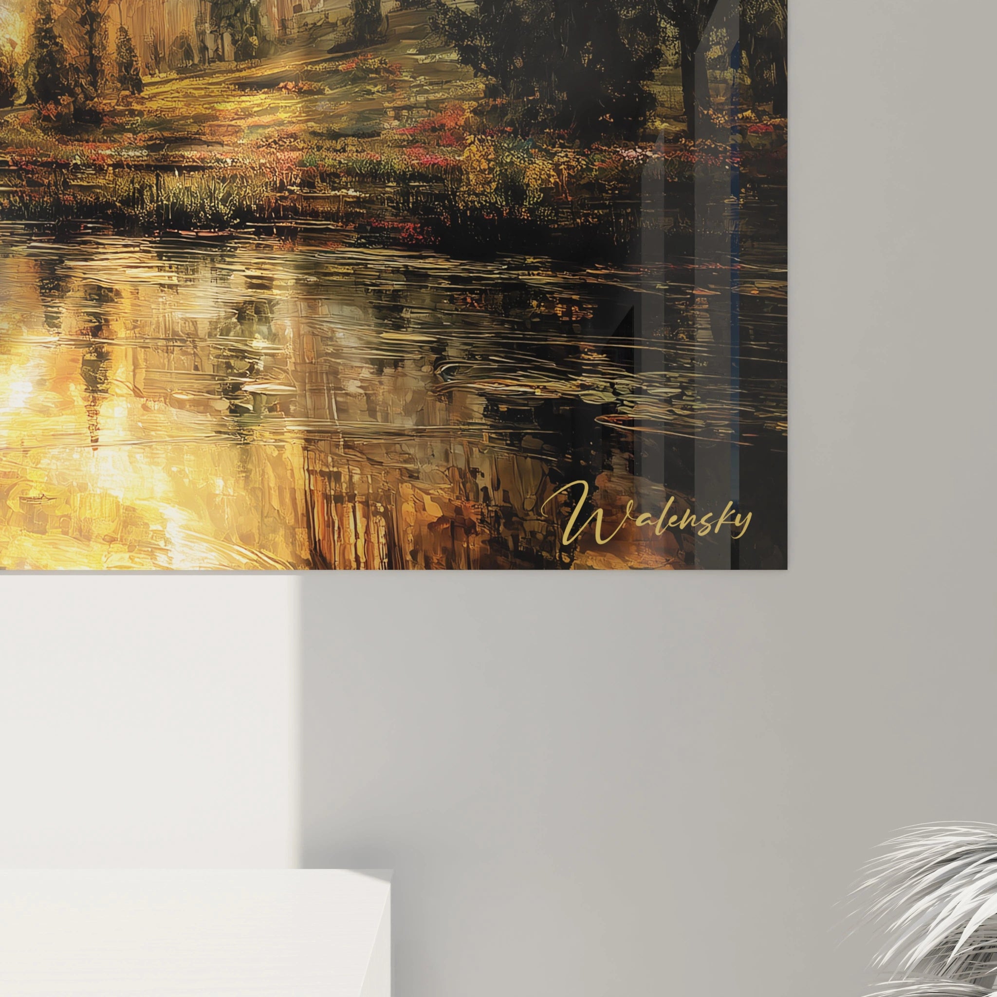 tableau gothique cathédrale Walensky montrant reflet doré sur eau, bord inférieur droit avec signature