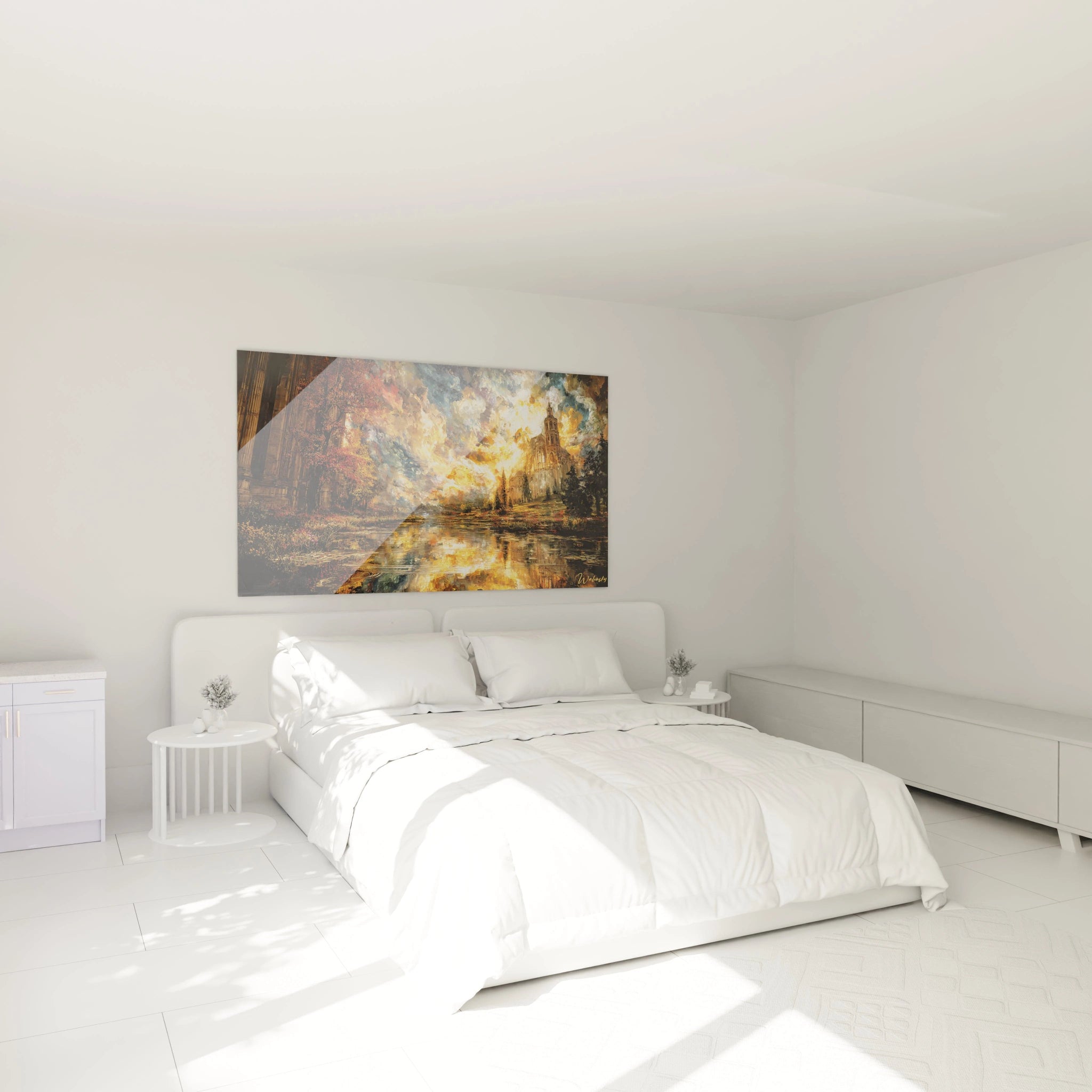 Walensky tableau gothique cathédrale sur toile au dessus d un lit double dans une chambre minimaliste blanche