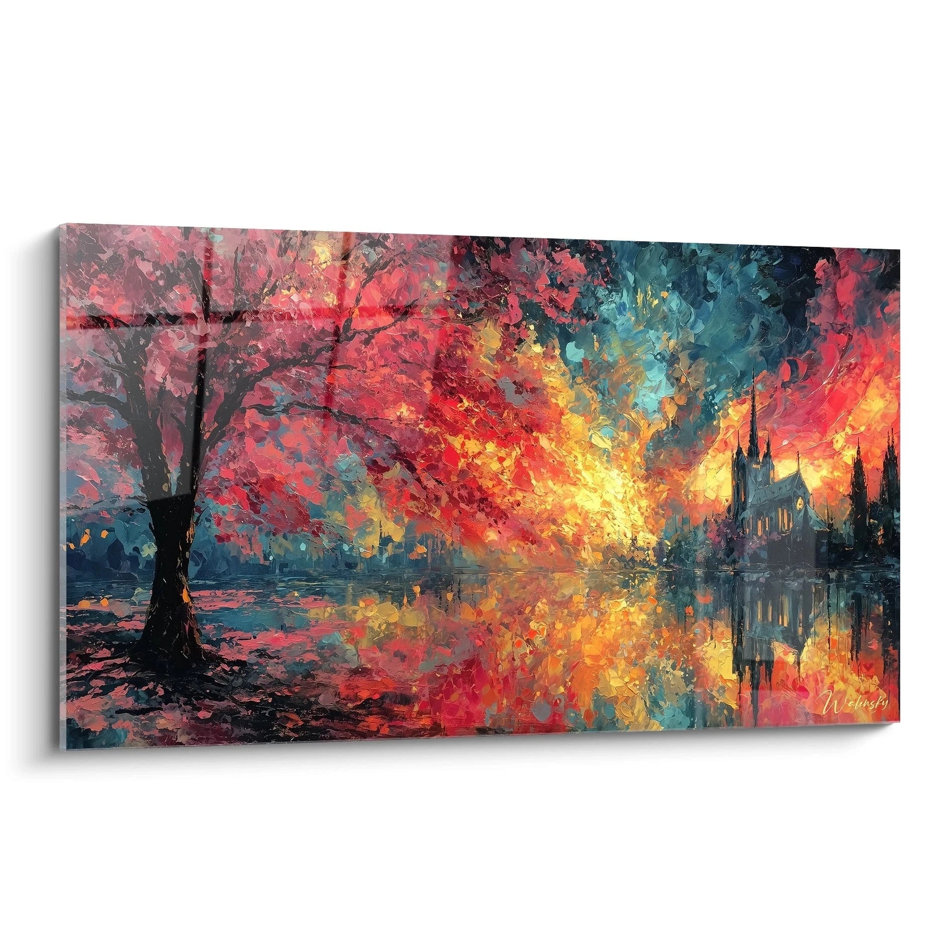 Walensky tableau cathédrale gothique peinture murale colorée reflet sur lac avec arbre rose au coucher