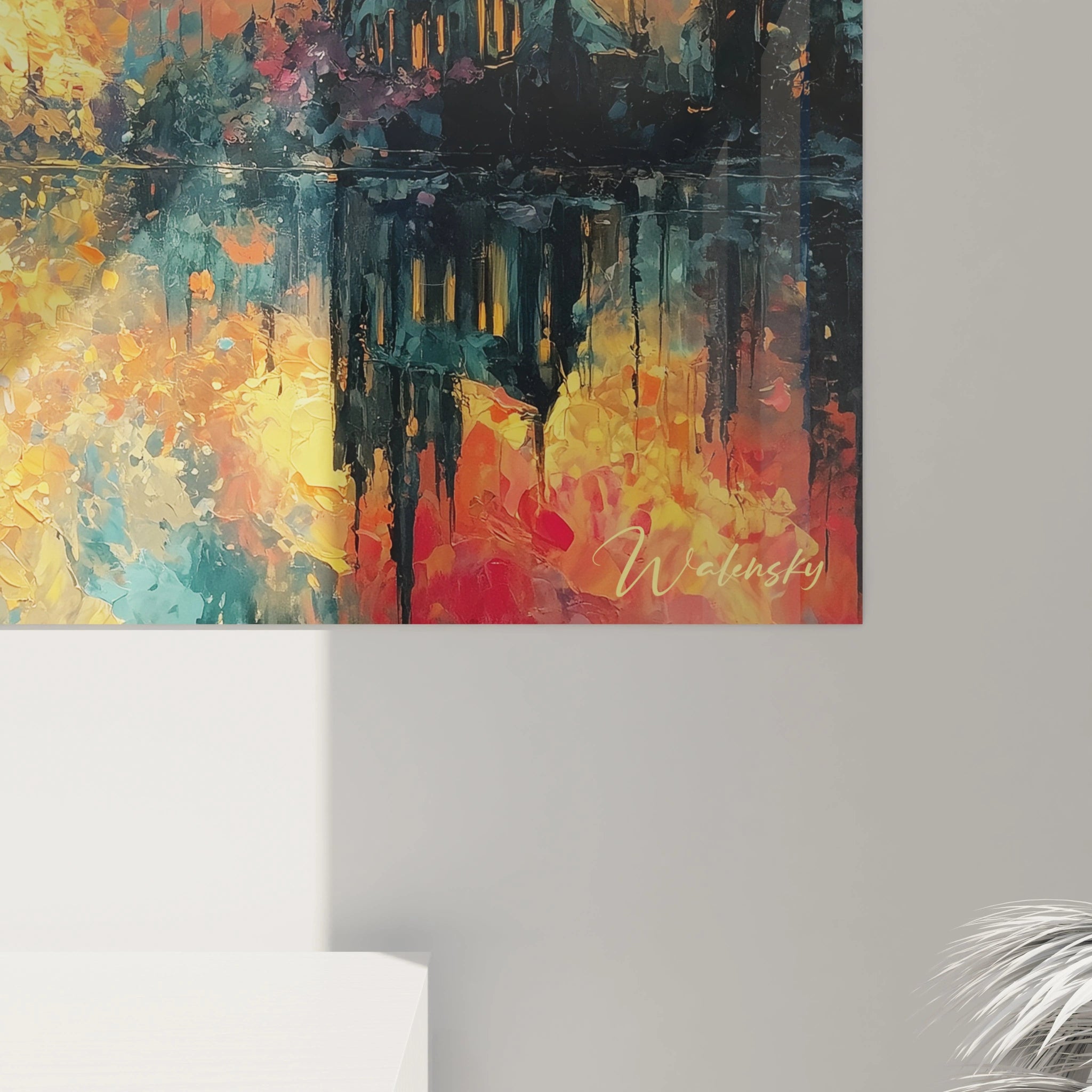 Walensky tableau mural abstrait aux couleurs vives représentant une cathédrale et son reflet tableau cathédrale gothique signé