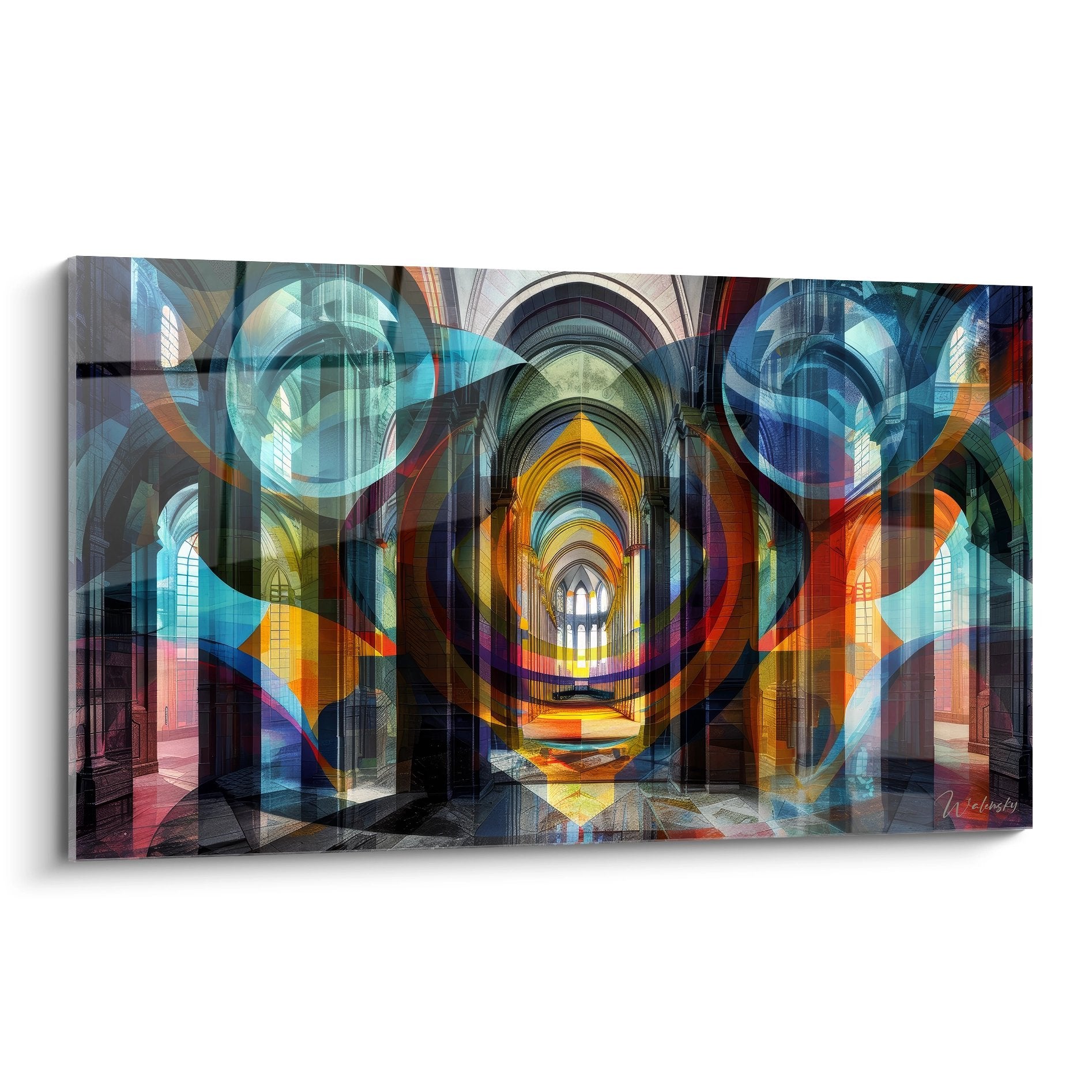 Tableau mural cathédrale gothique abstraite avec effets géométriques colorés et jeux de lumière